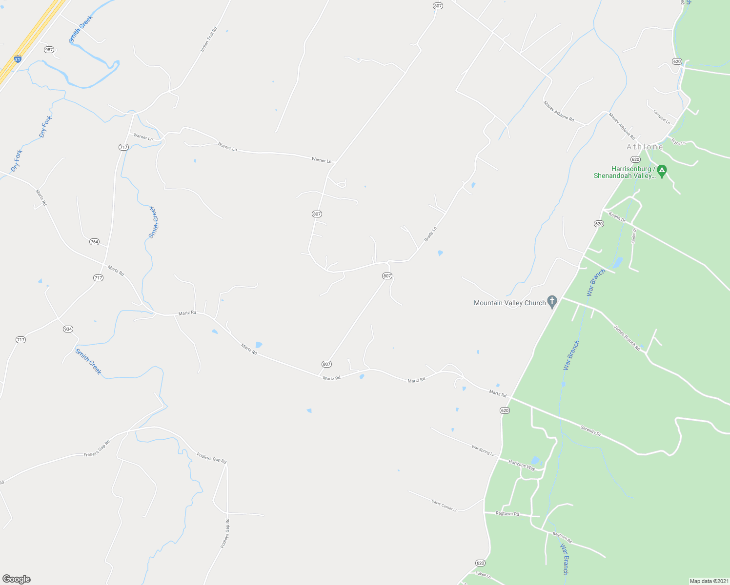 map of restaurants, bars, coffee shops, grocery stores, and more near 8901 Koontz Corner Road in Harrisonburg