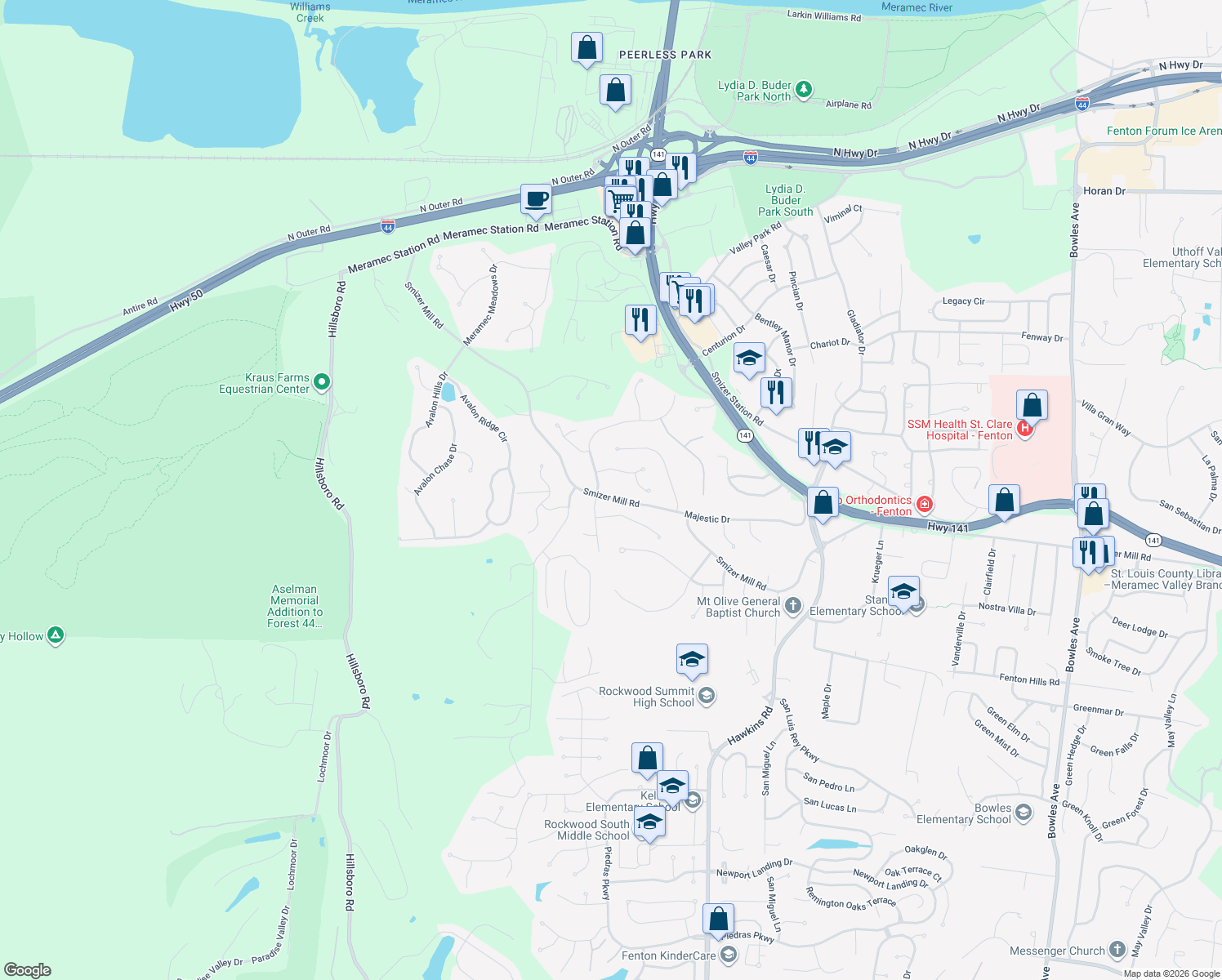 map of restaurants, bars, coffee shops, grocery stores, and more near 1875 Smizer Mill Road in Fenton