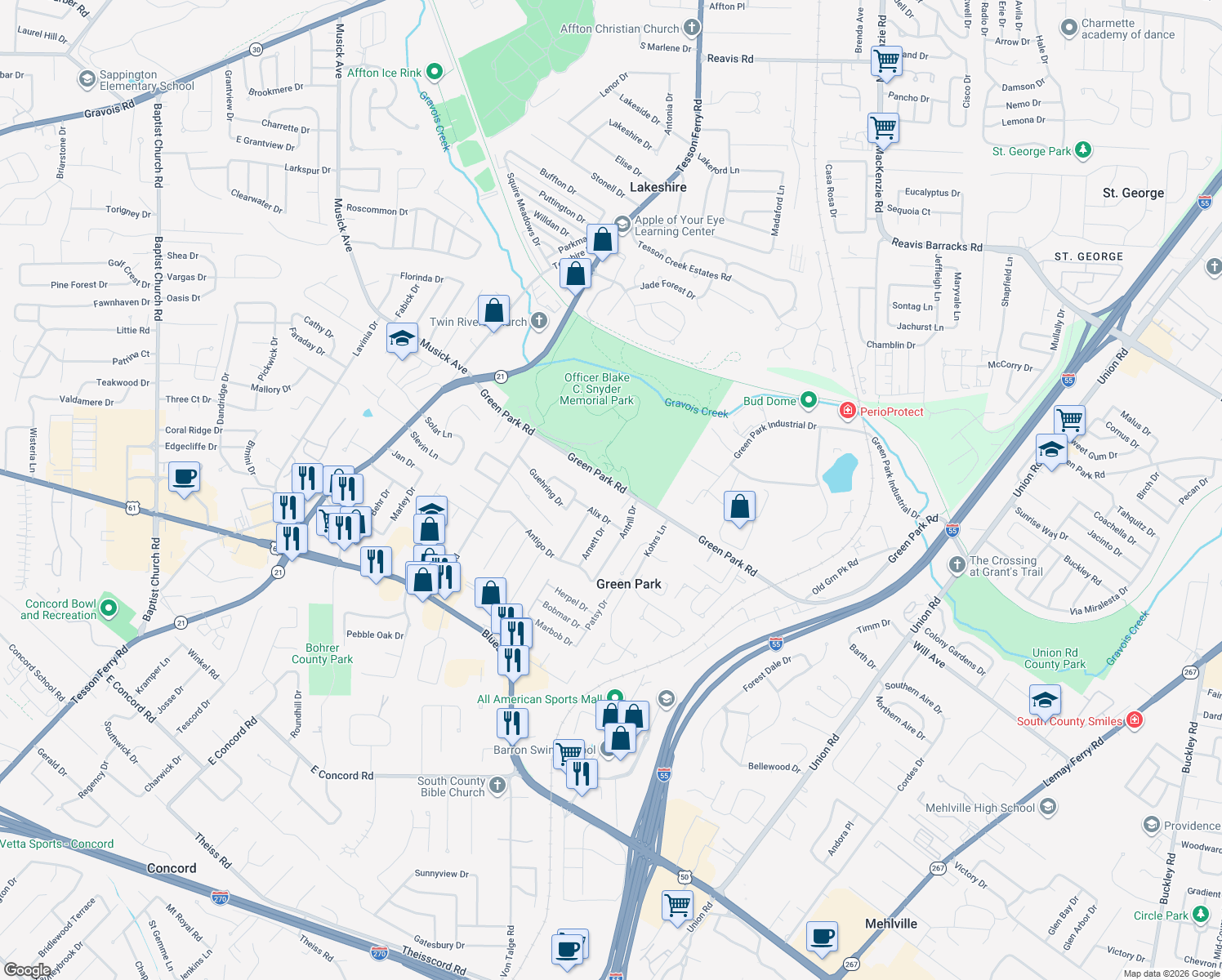 map of restaurants, bars, coffee shops, grocery stores, and more near 9510 Green Park Road in St. Louis
