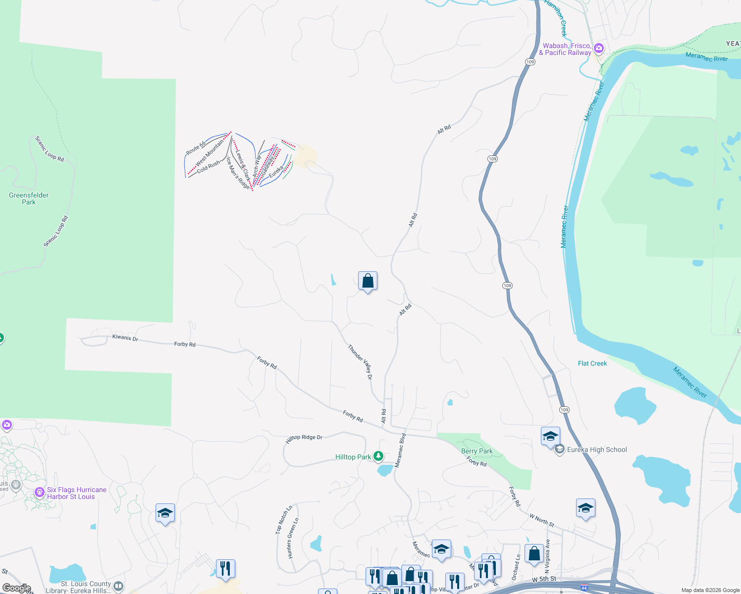 map of restaurants, bars, coffee shops, grocery stores, and more near 17308 Thunder Creek Road in Eureka
