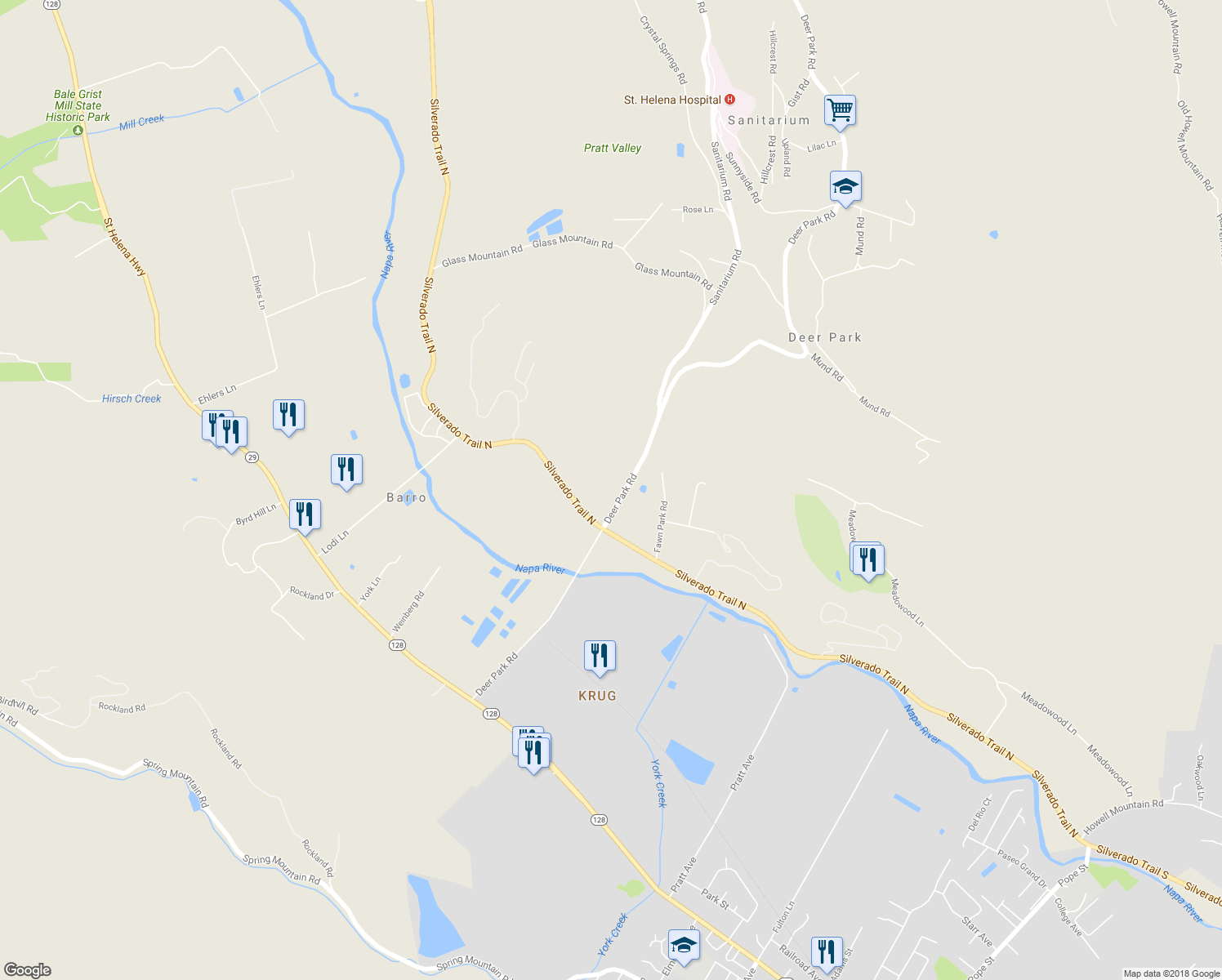 map of restaurants, bars, coffee shops, grocery stores, and more near 301 Deer Park Road in Saint Helena