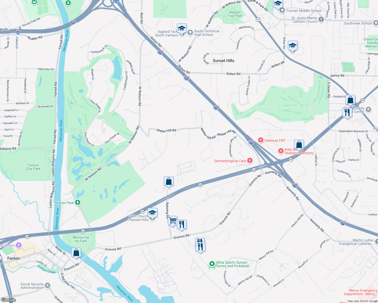 map of restaurants, bars, coffee shops, grocery stores, and more near 9832 Eagle Hill Lane in St. Louis