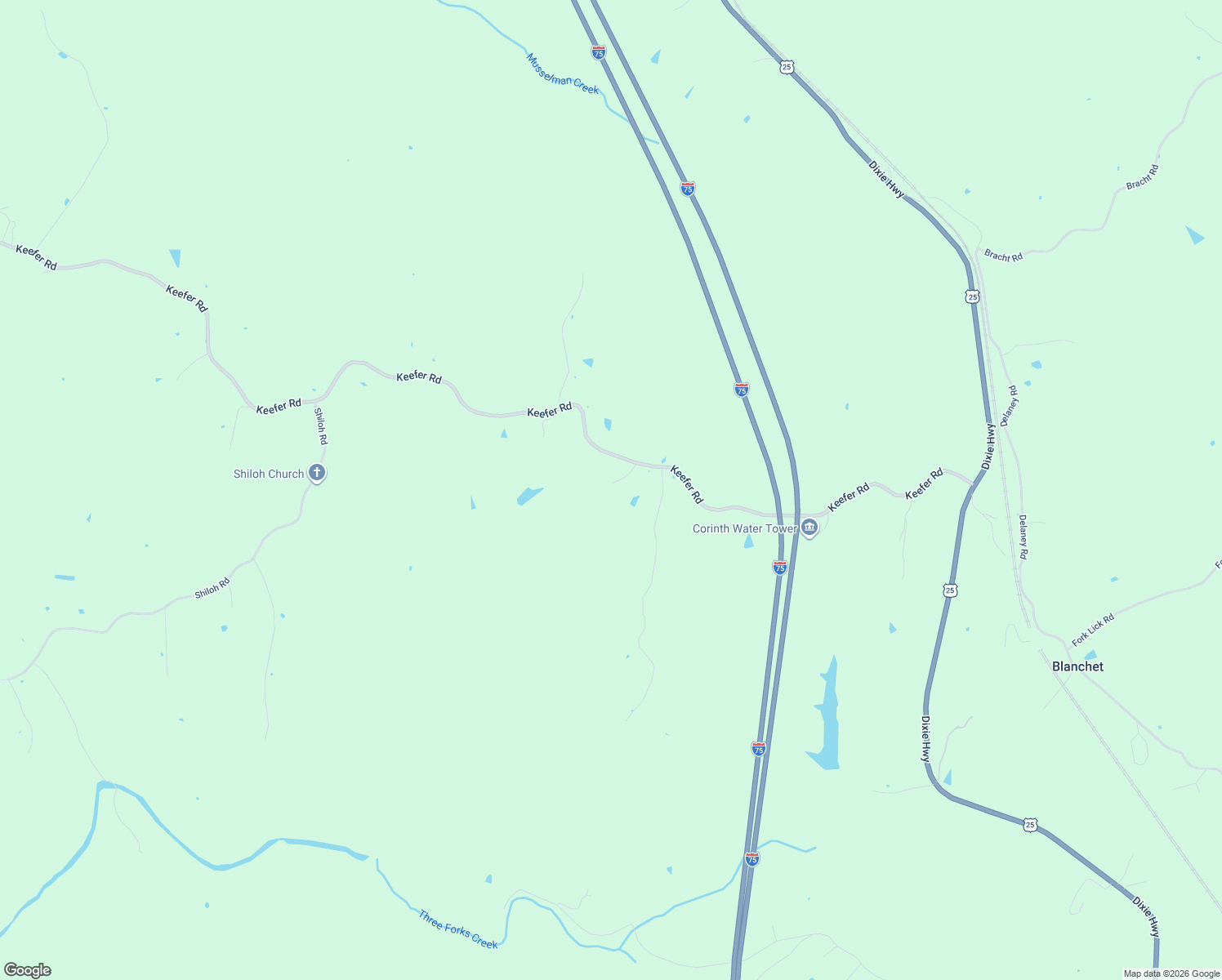 map of restaurants, bars, coffee shops, grocery stores, and more near 1410 Keefer Road in Corinth