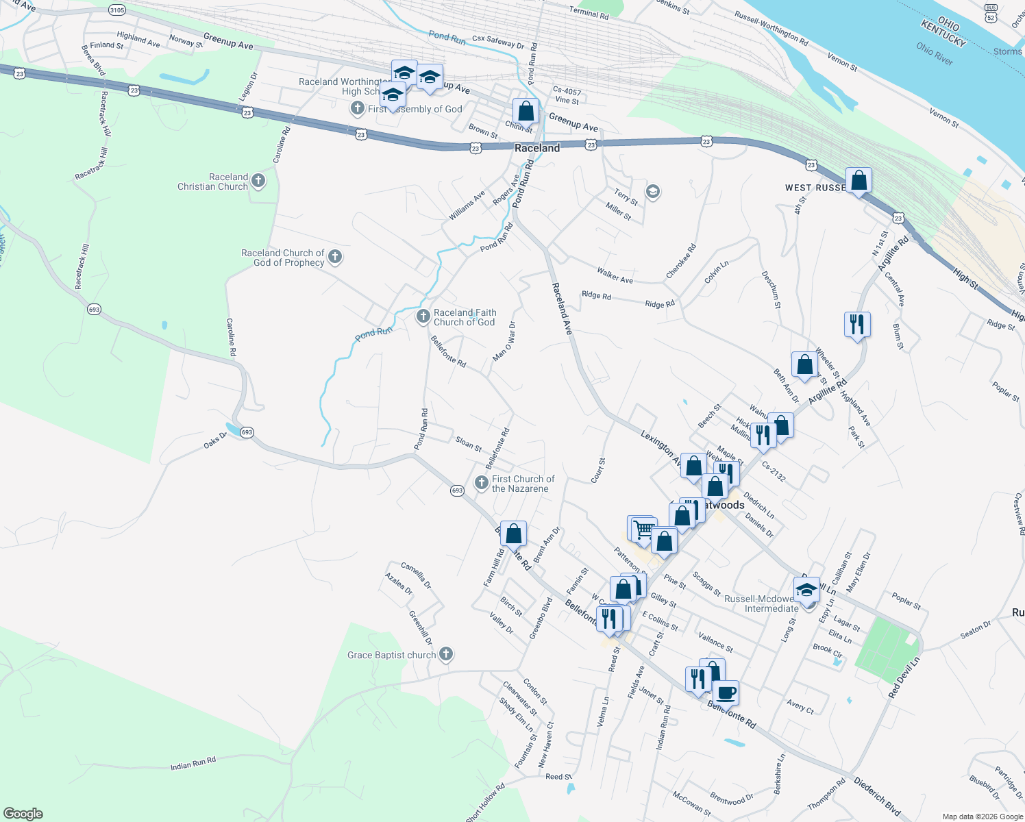 map of restaurants, bars, coffee shops, grocery stores, and more near 35 Bellefonte Rd in Raceland