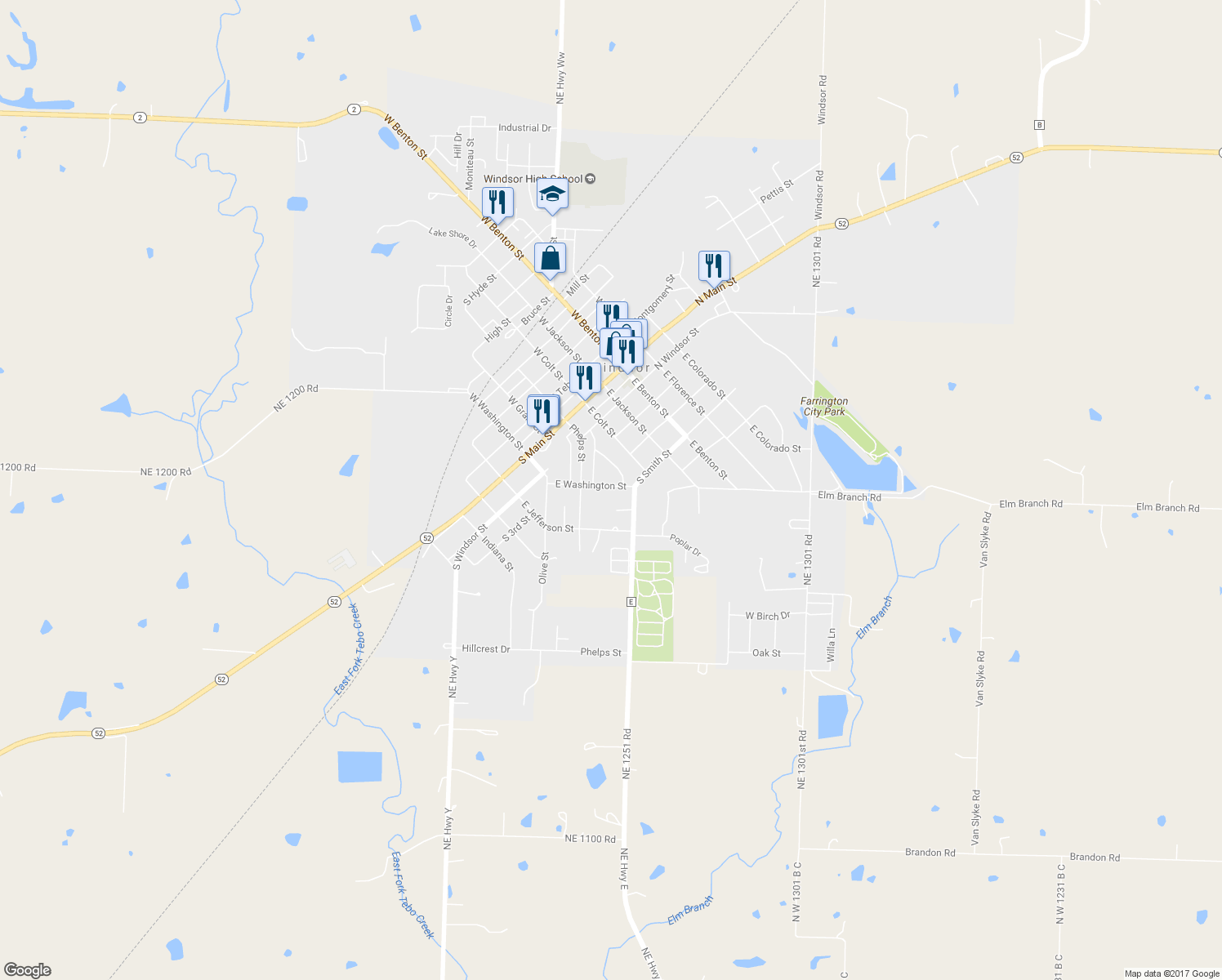 map of restaurants, bars, coffee shops, grocery stores, and more near 411 East Washington Street in Windsor