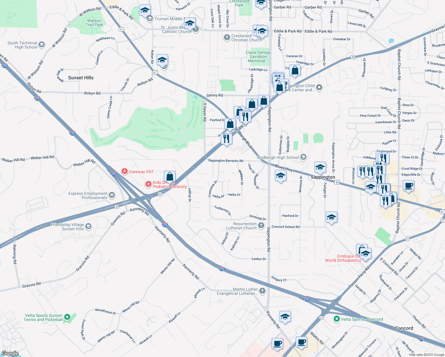 map of restaurants, bars, coffee shops, grocery stores, and more near 9806 Barrington Drive in St. Louis