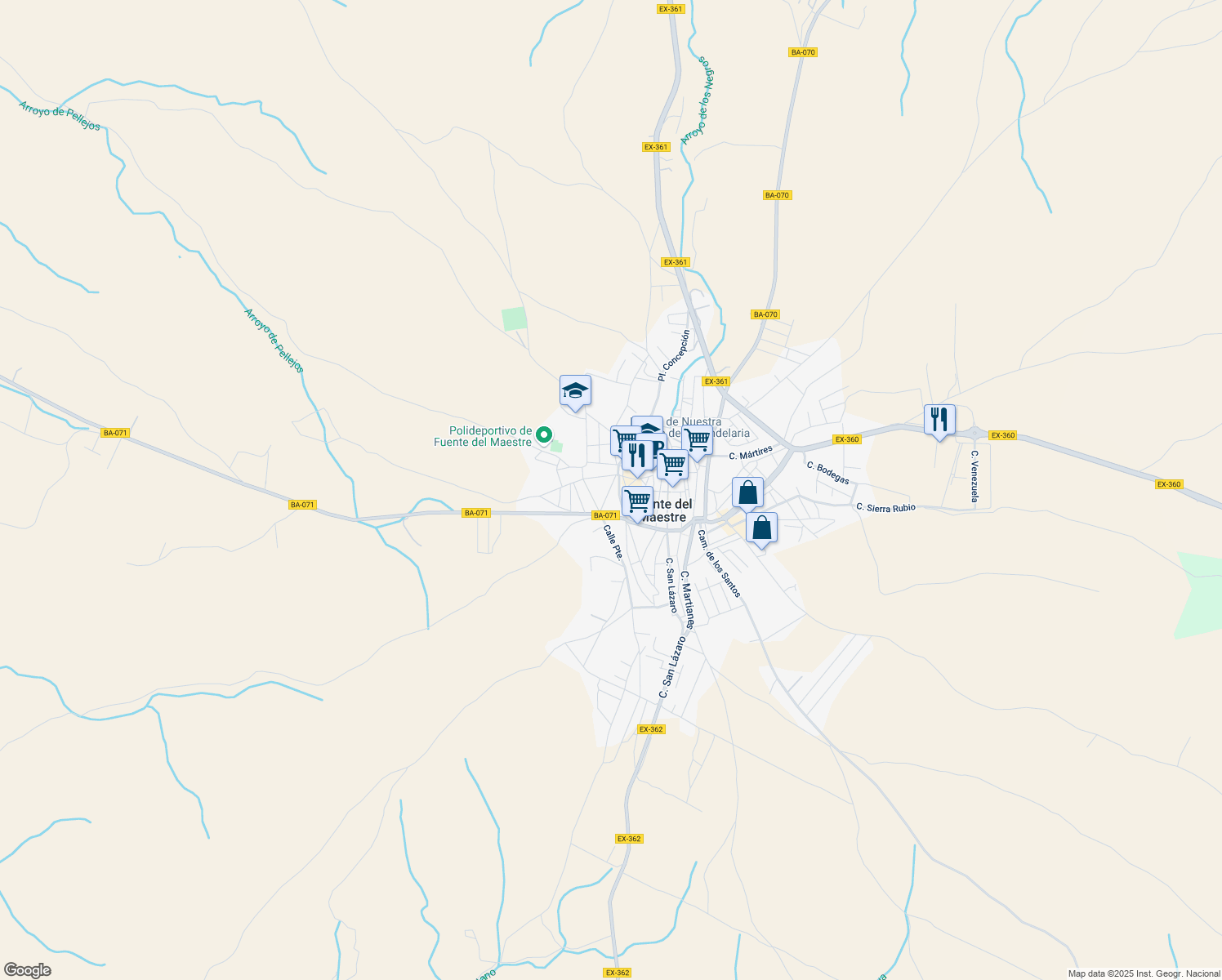 map of restaurants, bars, coffee shops, grocery stores, and more near 15 Calle Cavite in Fuente del Maestre
