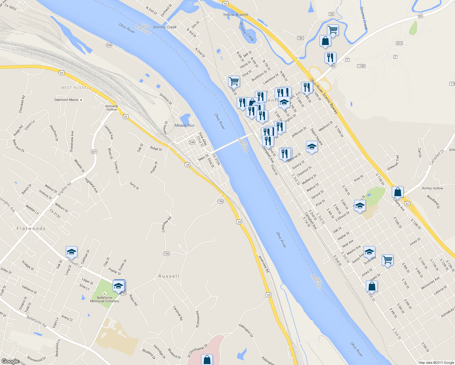 map of restaurants, bars, coffee shops, grocery stores, and more near 101 Clinton Street in Russell