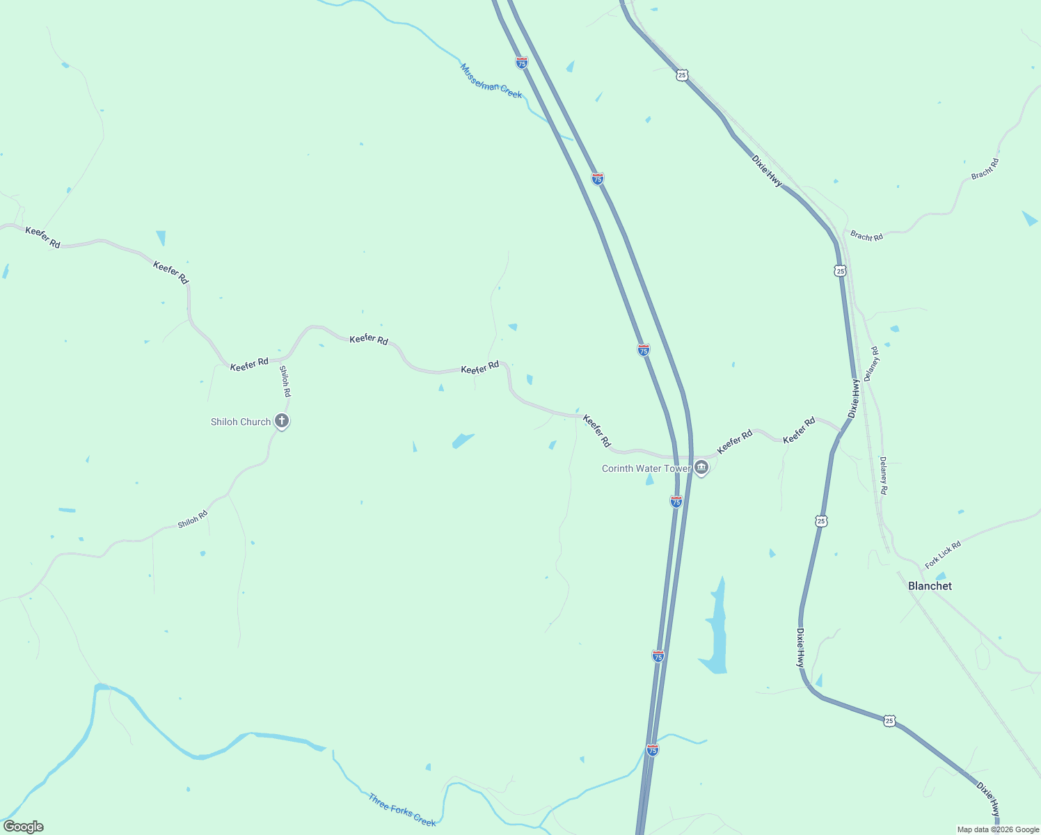 map of restaurants, bars, coffee shops, grocery stores, and more near 1410 Keefer Road in Corinth