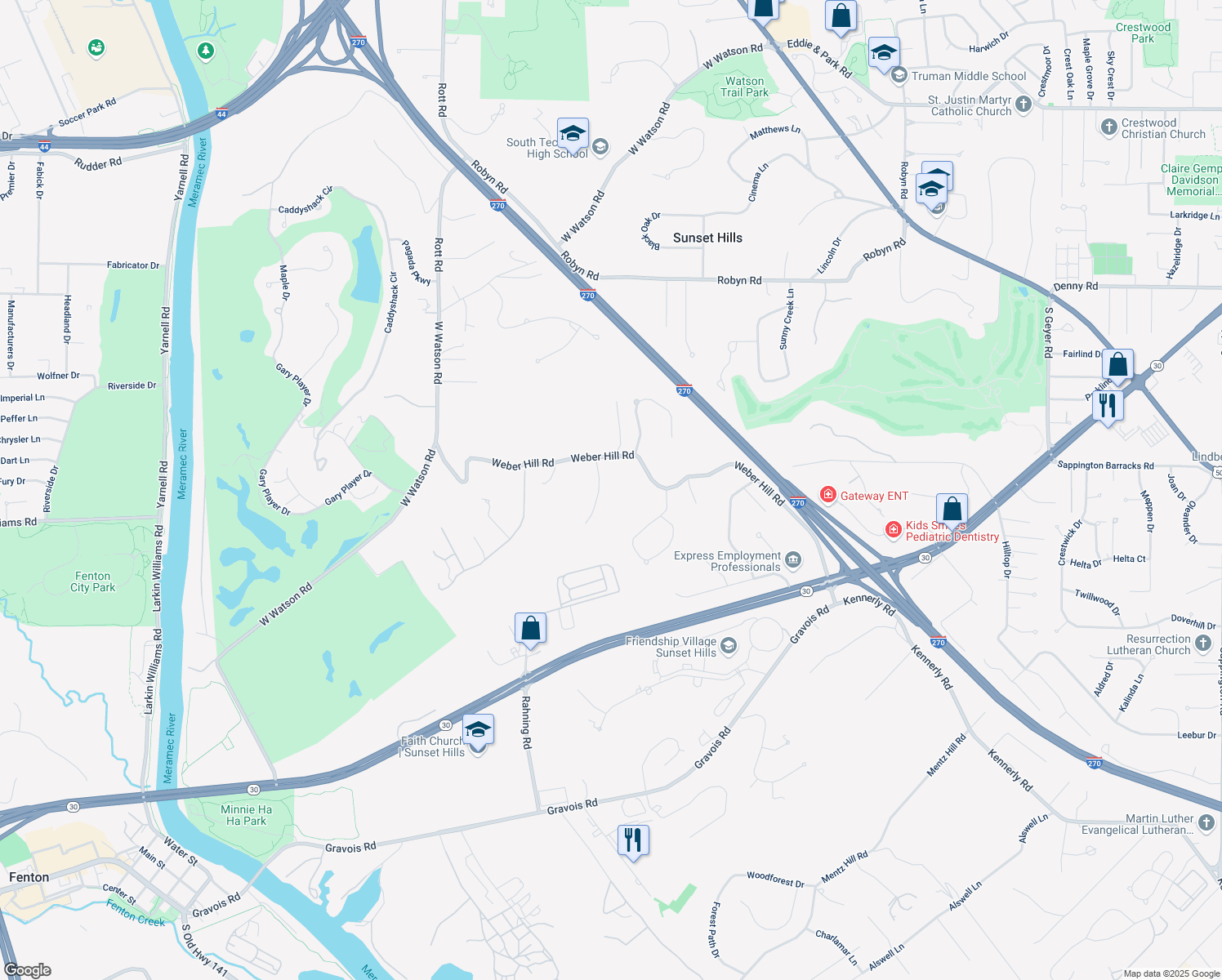map of restaurants, bars, coffee shops, grocery stores, and more near 9814 Eagle Hill Lane in St. Louis