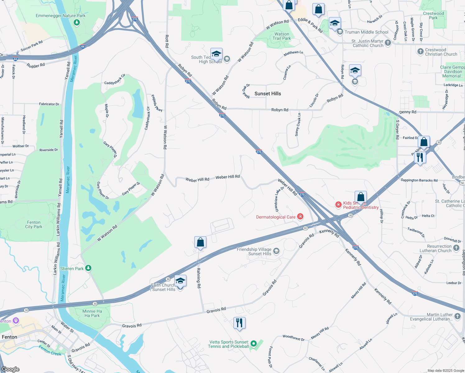 map of restaurants, bars, coffee shops, grocery stores, and more near 9814 Eagle Hill Lane in St. Louis