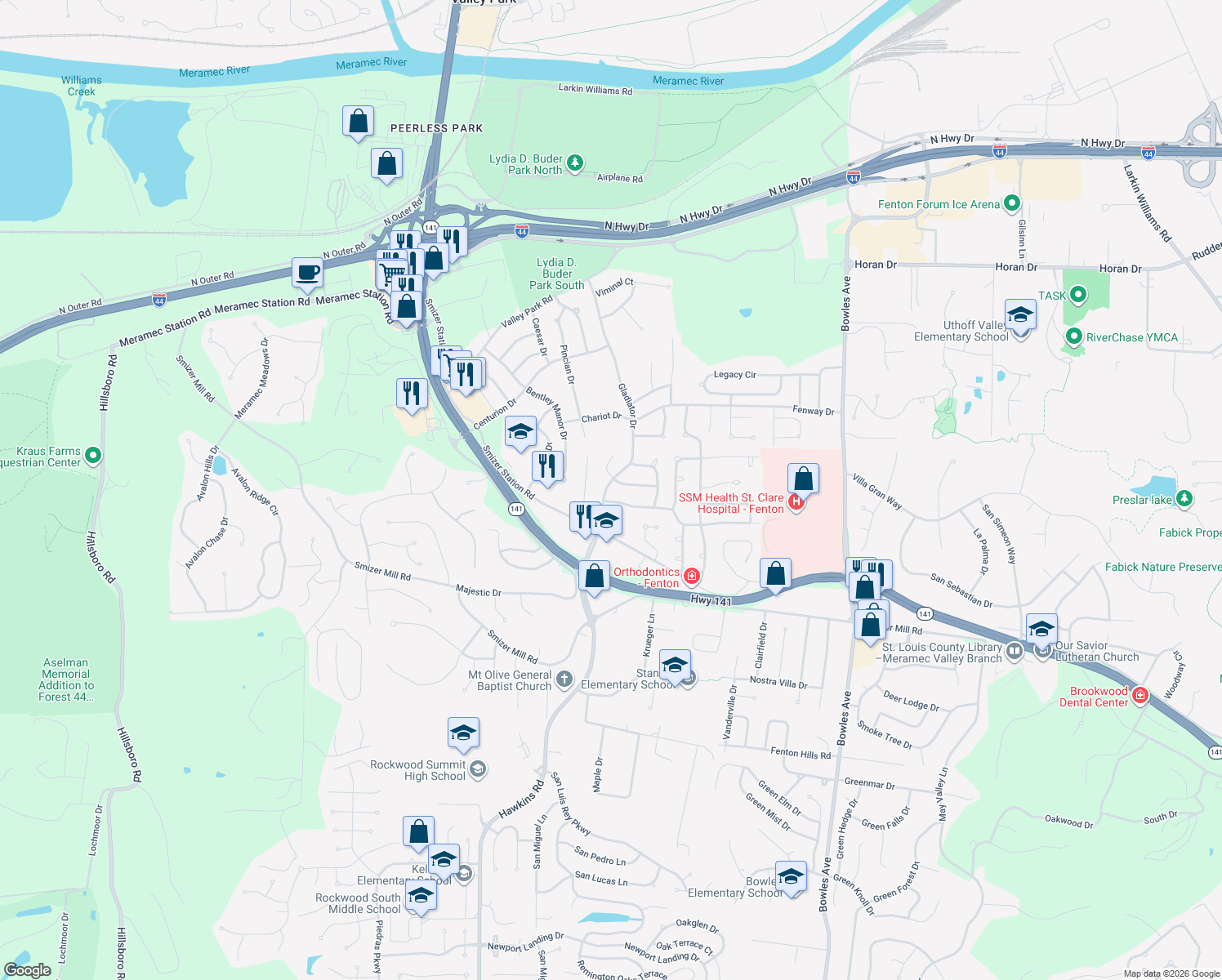 map of restaurants, bars, coffee shops, grocery stores, and more near 2304 Gladiator Drive in Fenton