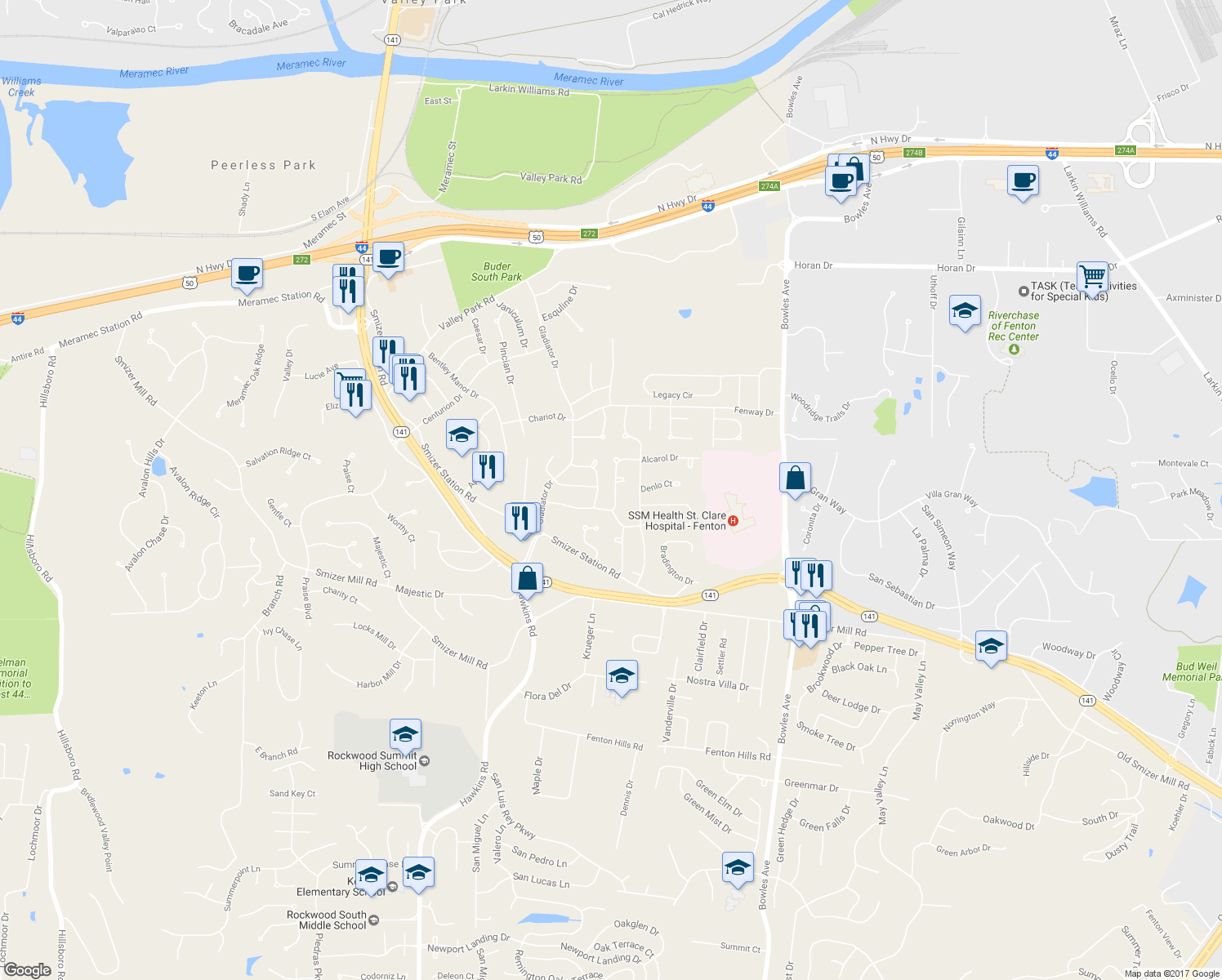 map of restaurants, bars, coffee shops, grocery stores, and more near 2421 Alcarol Drive in Fenton