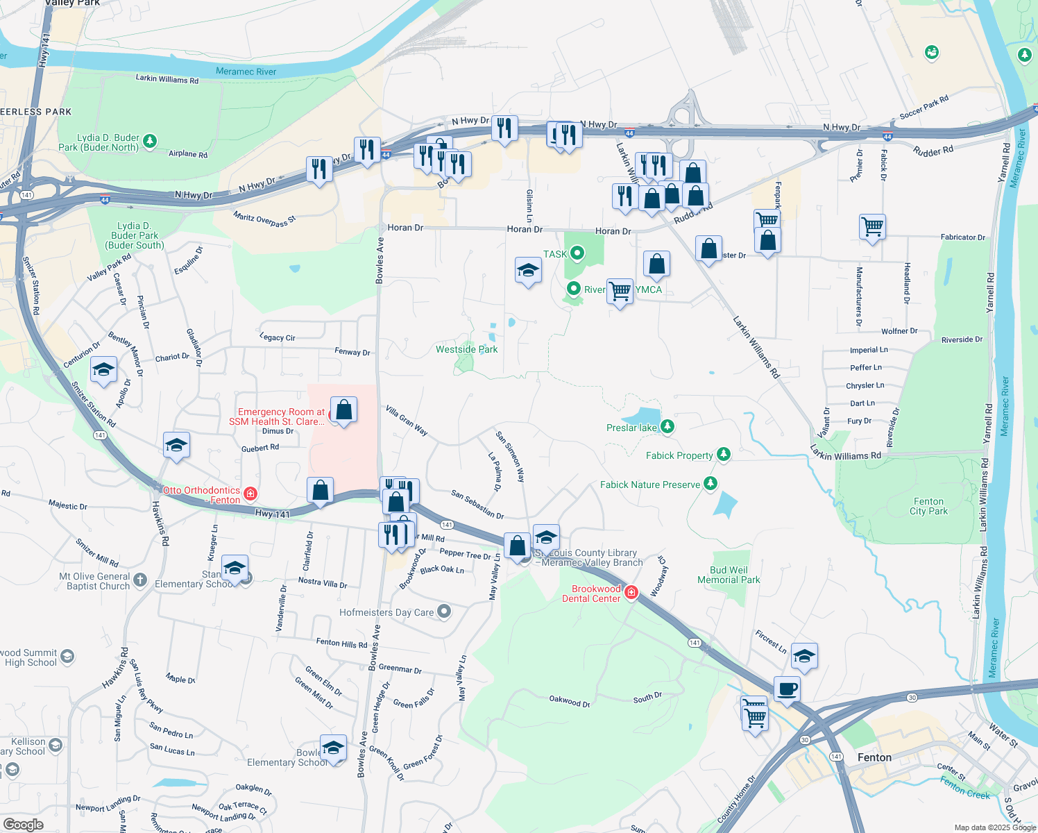 map of restaurants, bars, coffee shops, grocery stores, and more near 921 Villa Gran Way in Fenton