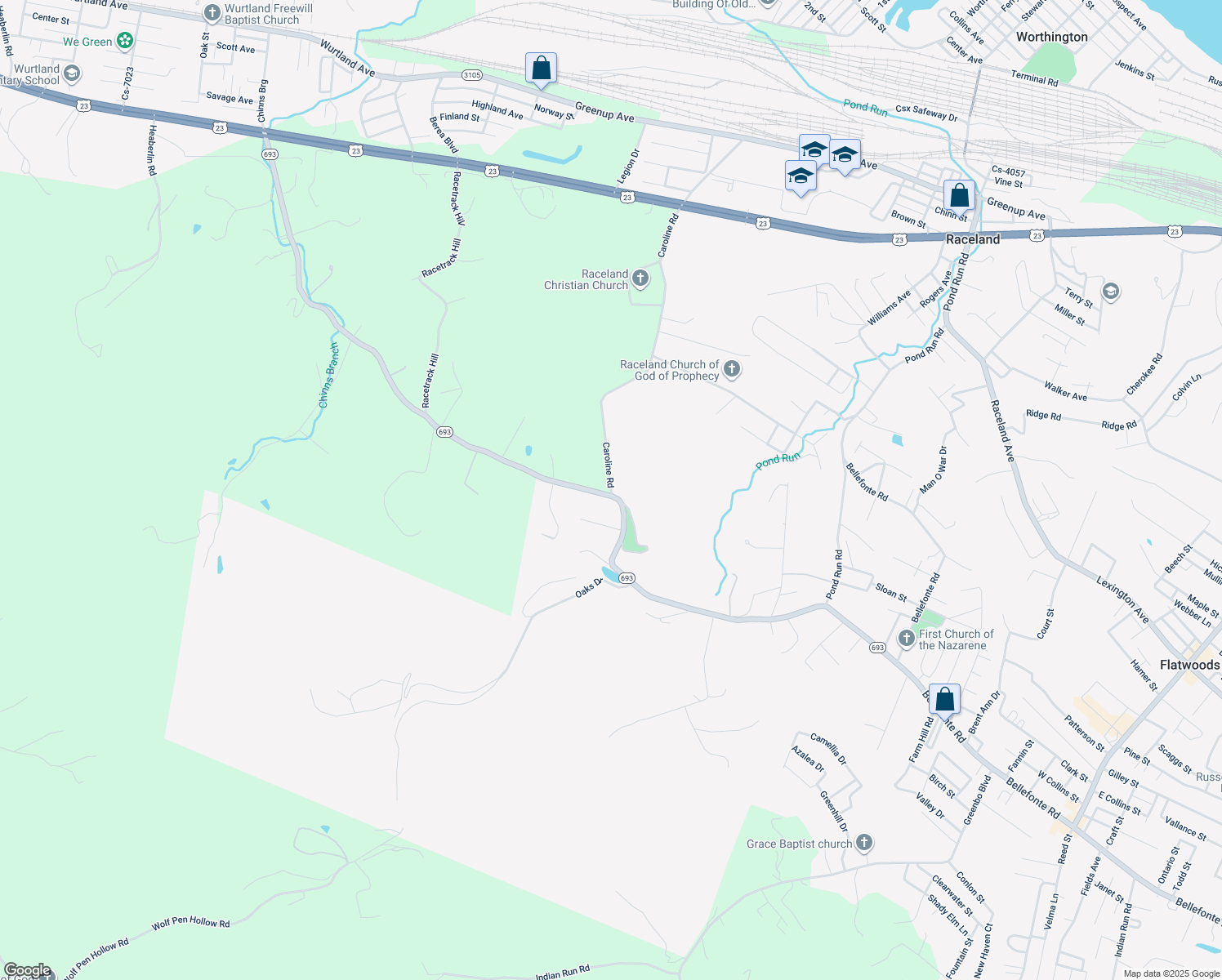 map of restaurants, bars, coffee shops, grocery stores, and more near 355 Caroline School Rd in Raceland