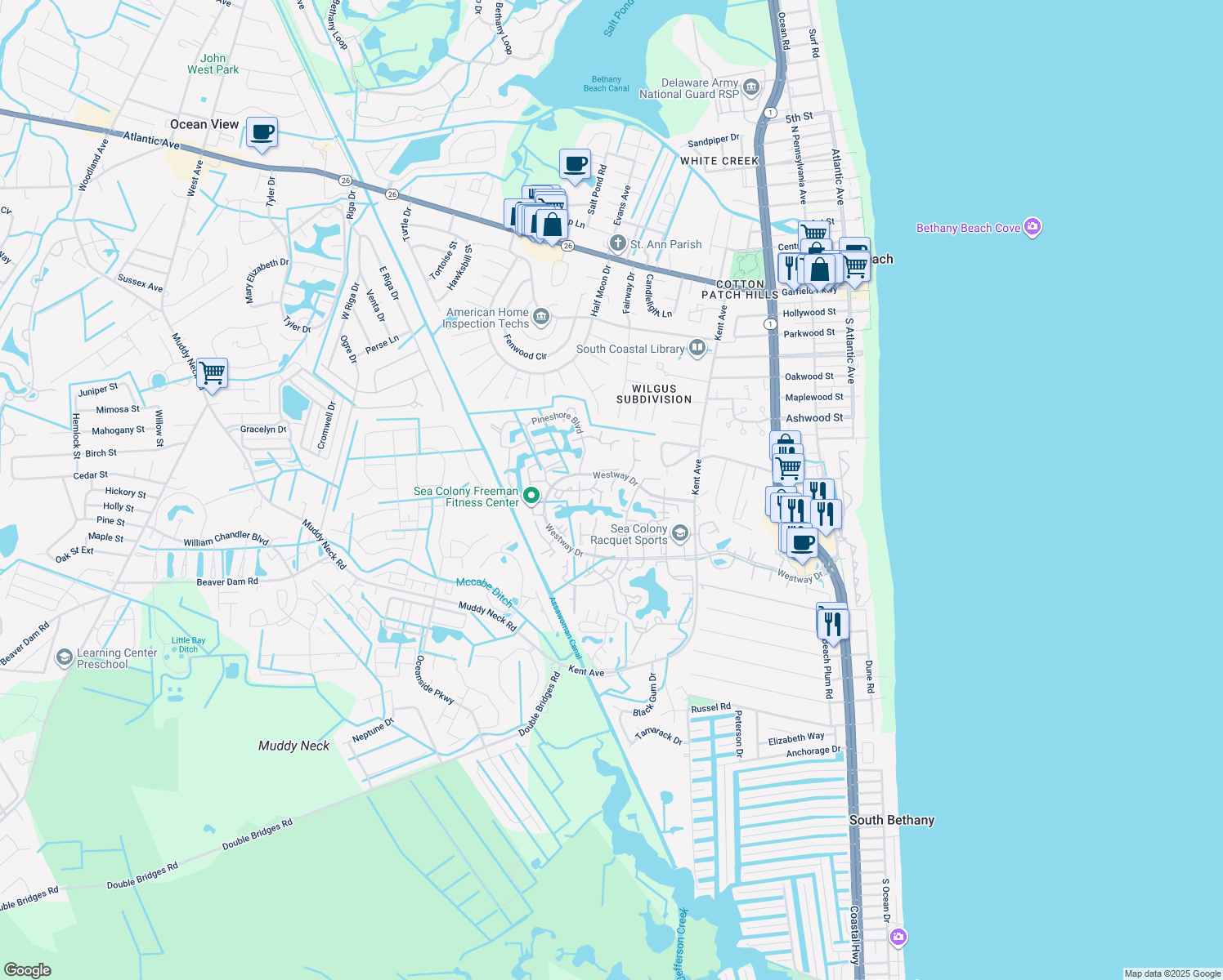 map of restaurants, bars, coffee shops, grocery stores, and more near 18005 Lakeview Court in Bethany Beach