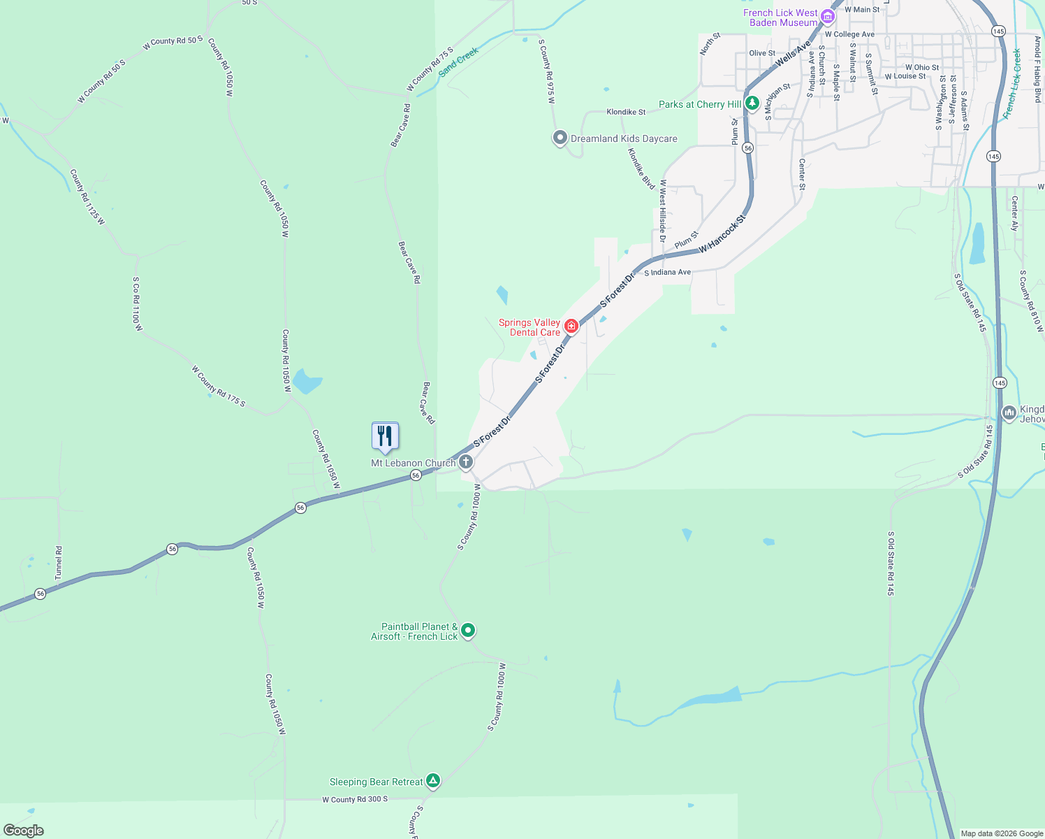 map of restaurants, bars, coffee shops, grocery stores, and more near 9781 Indiana 56 in French Lick