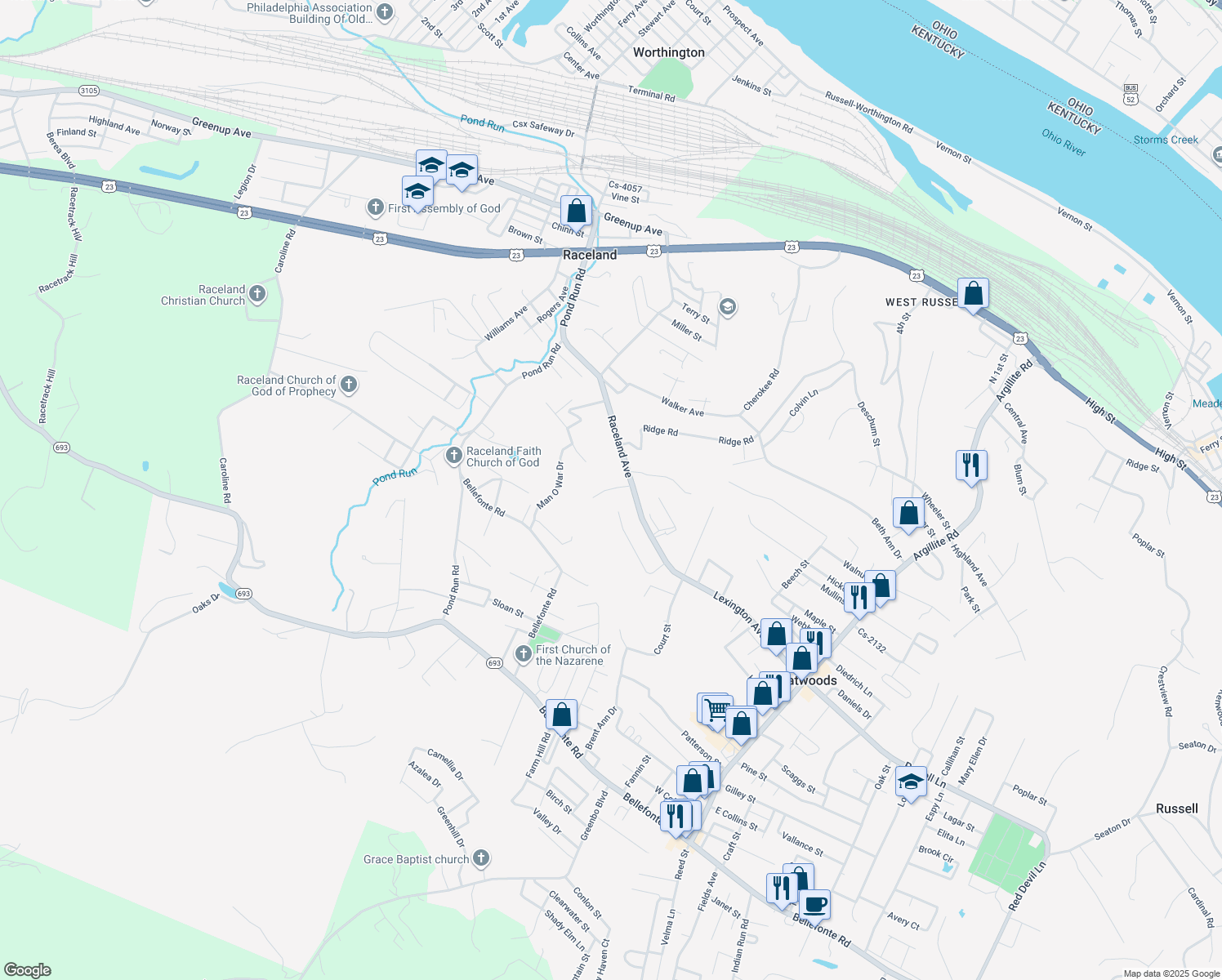 map of restaurants, bars, coffee shops, grocery stores, and more near 907 County Rd in Raceland
