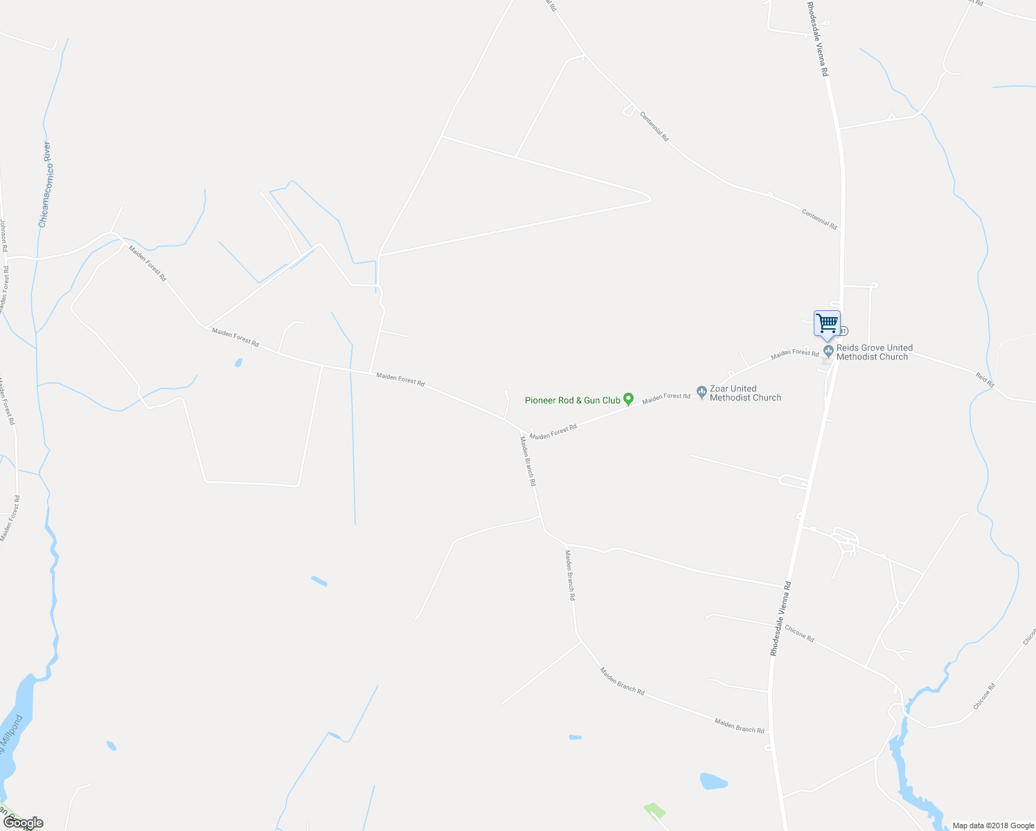 map of restaurants, bars, coffee shops, grocery stores, and more near 4760 Maiden Forest Road in Rhodesdale