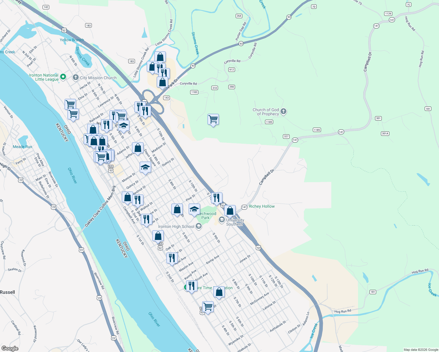 map of restaurants, bars, coffee shops, grocery stores, and more near 1324 Penobscot Trail in Ironton