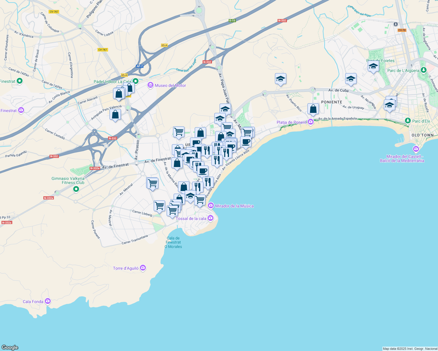 map of restaurants, bars, coffee shops, grocery stores, and more near 23 Avenida Vicente Llorca Alós in Benidorm