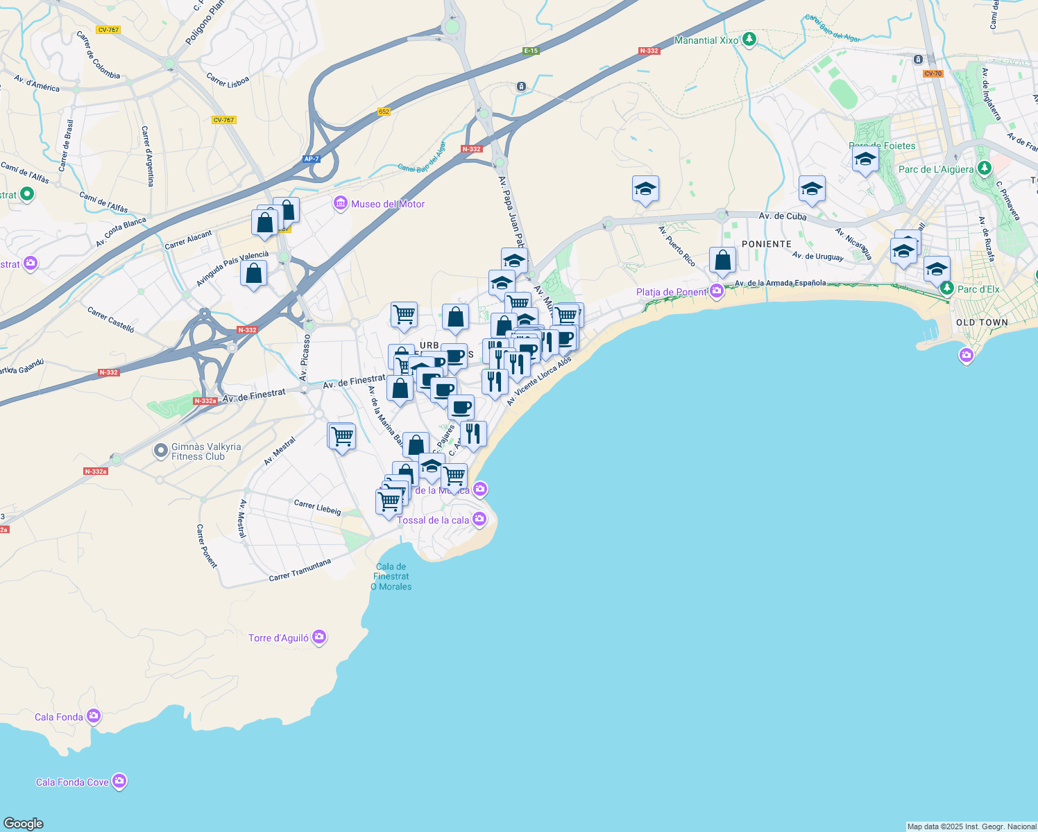 map of restaurants, bars, coffee shops, grocery stores, and more near 23 Avenida Vicente Llorca Alós in Benidorm