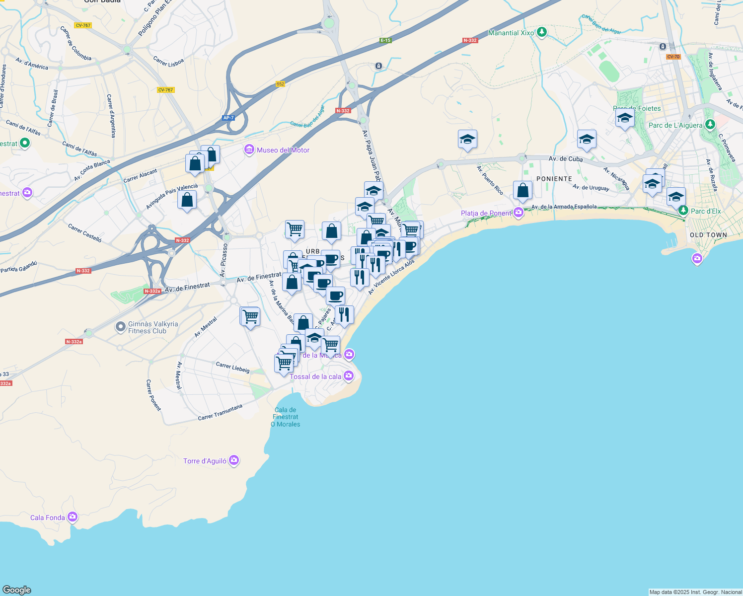 map of restaurants, bars, coffee shops, grocery stores, and more near 23 Avenida Vicente Llorca Alós in Benidorm