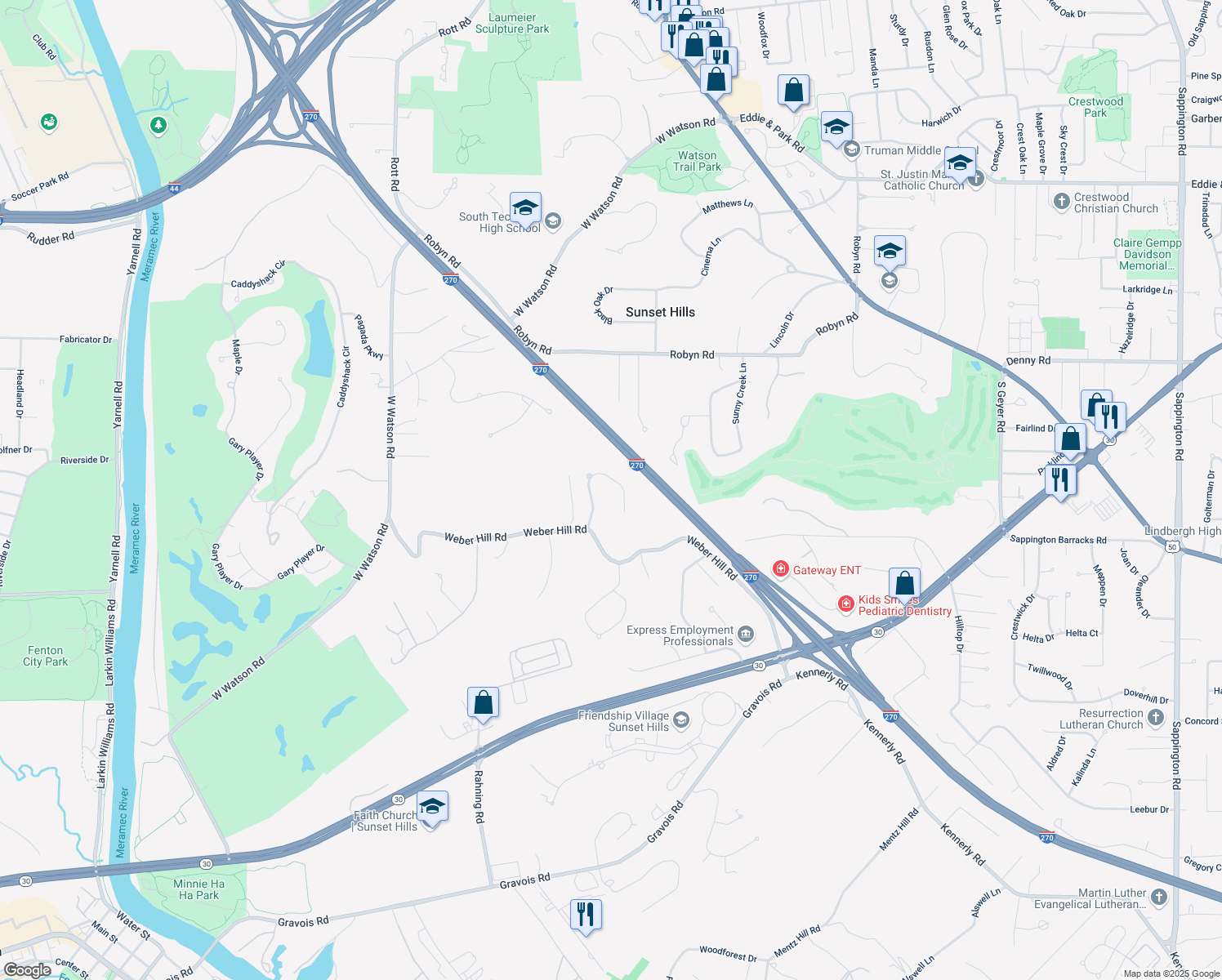 map of restaurants, bars, coffee shops, grocery stores, and more near 9749 Fall Ridge Trail in St. Louis