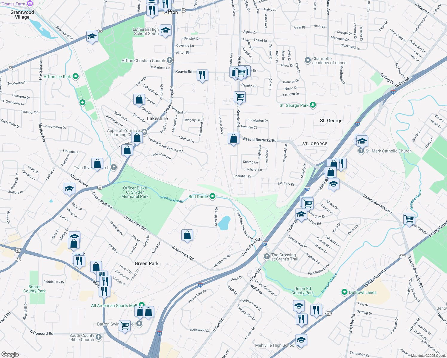 map of restaurants, bars, coffee shops, grocery stores, and more near 9727 Concord Hills Court in Affton