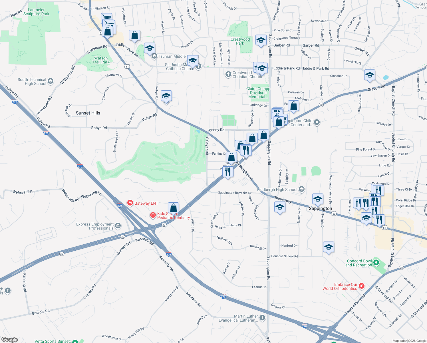 map of restaurants, bars, coffee shops, grocery stores, and more near 11832 Parklind Drive in St. Louis