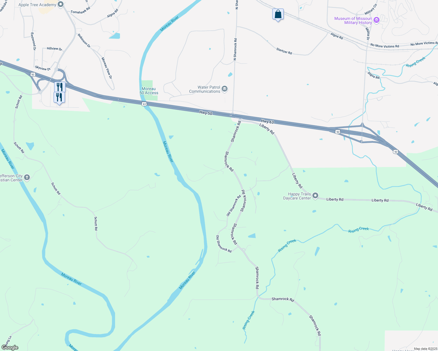 map of restaurants, bars, coffee shops, grocery stores, and more near 5910 Gove's Lane in Jefferson City