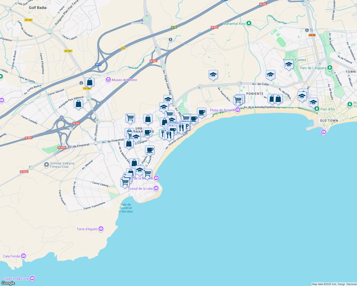 map of restaurants, bars, coffee shops, grocery stores, and more near 16 Avenida Vicente Llorca Alós in Benidorm