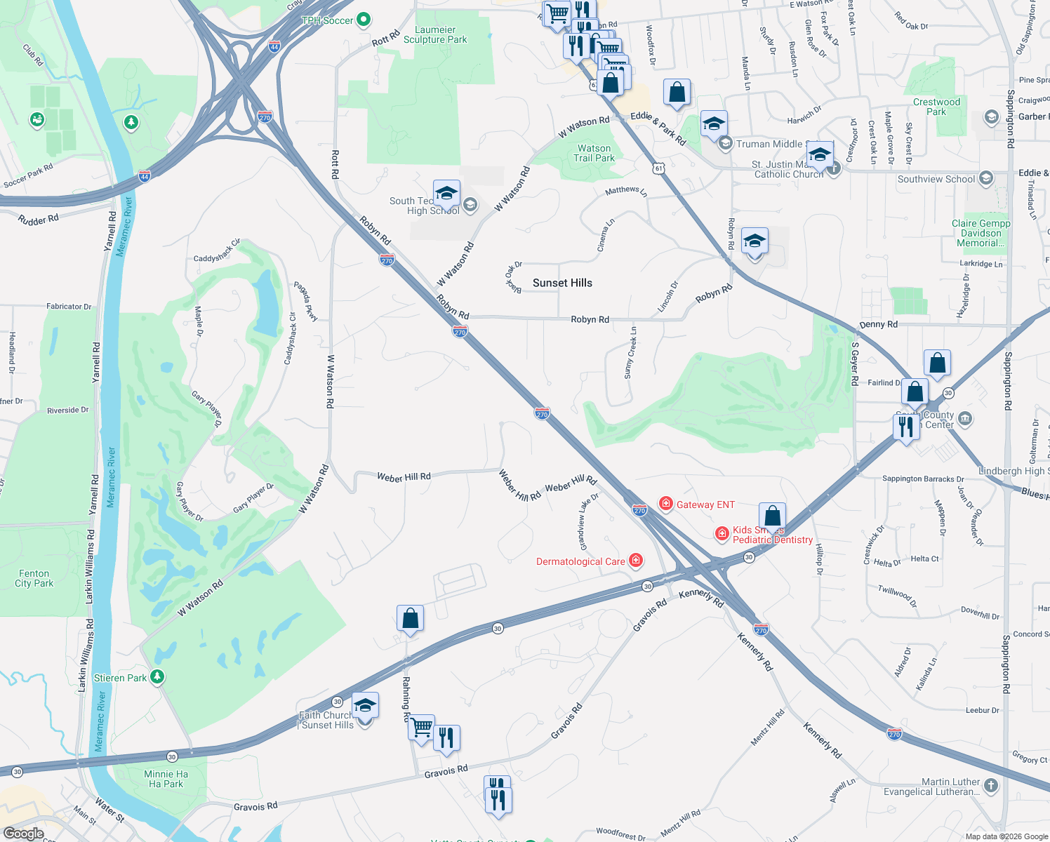 map of restaurants, bars, coffee shops, grocery stores, and more near 9749 Fall Ridge Trail in St. Louis