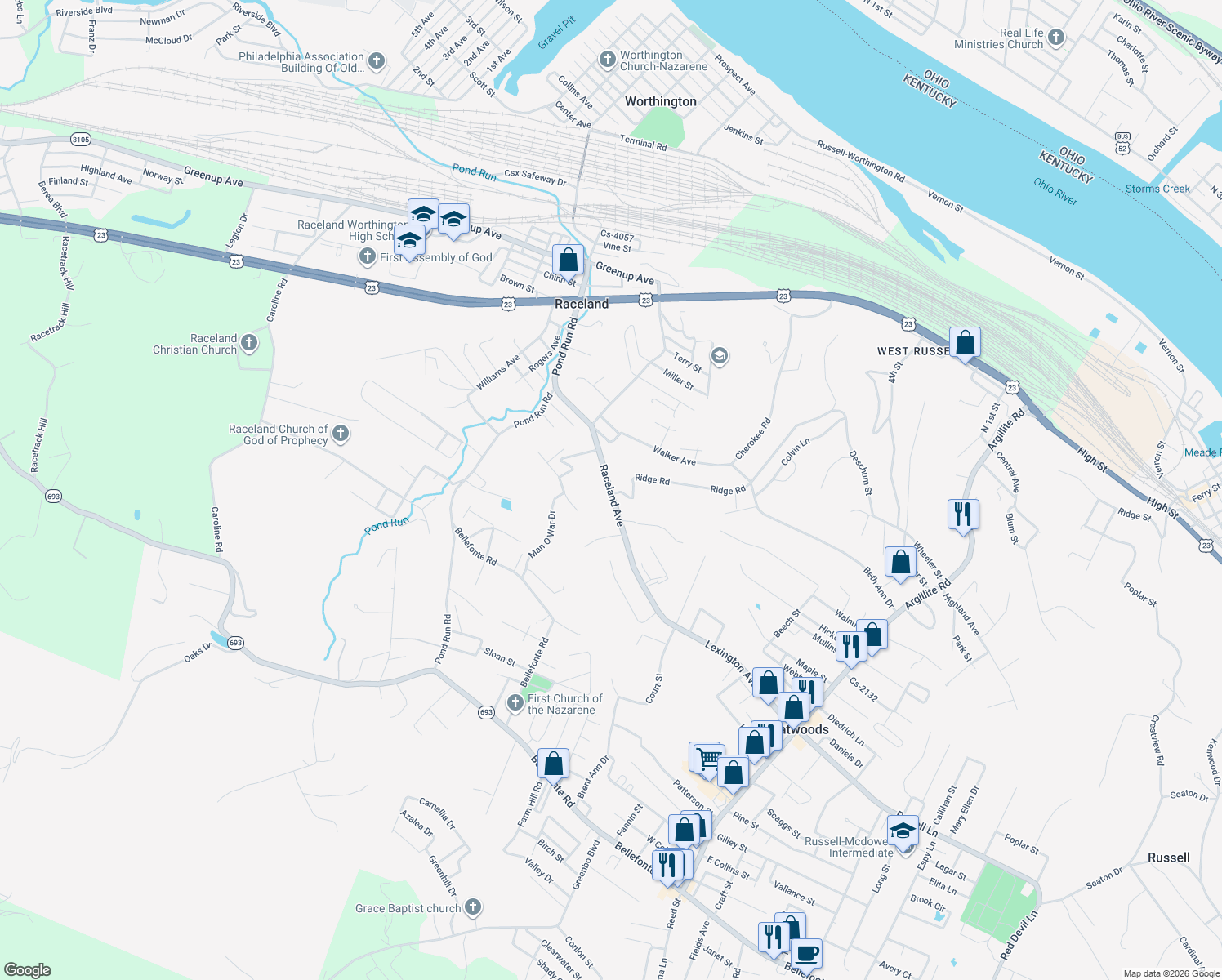map of restaurants, bars, coffee shops, grocery stores, and more near 1025 Raceland Ave in Raceland