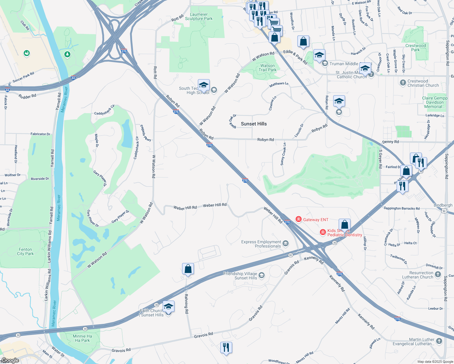 map of restaurants, bars, coffee shops, grocery stores, and more near 9749 Fall Ridge Trail in St. Louis