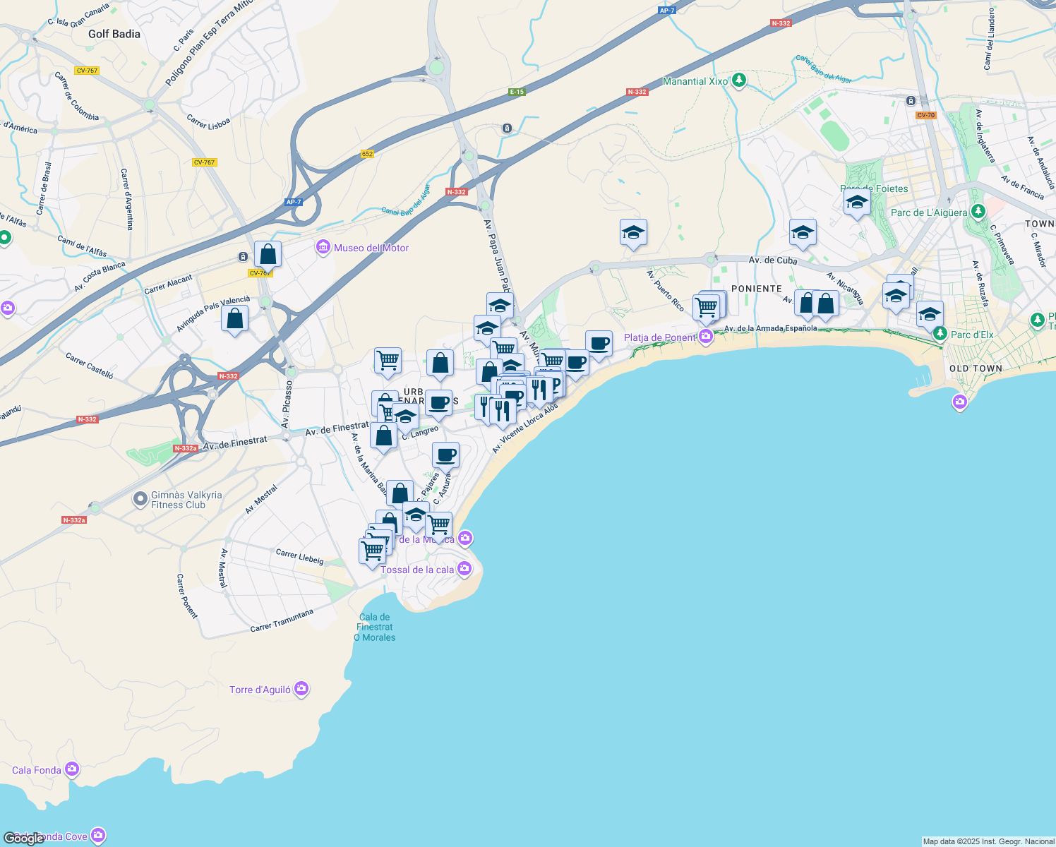 map of restaurants, bars, coffee shops, grocery stores, and more near 16 Avenida Vicente Llorca Alós in Benidorm