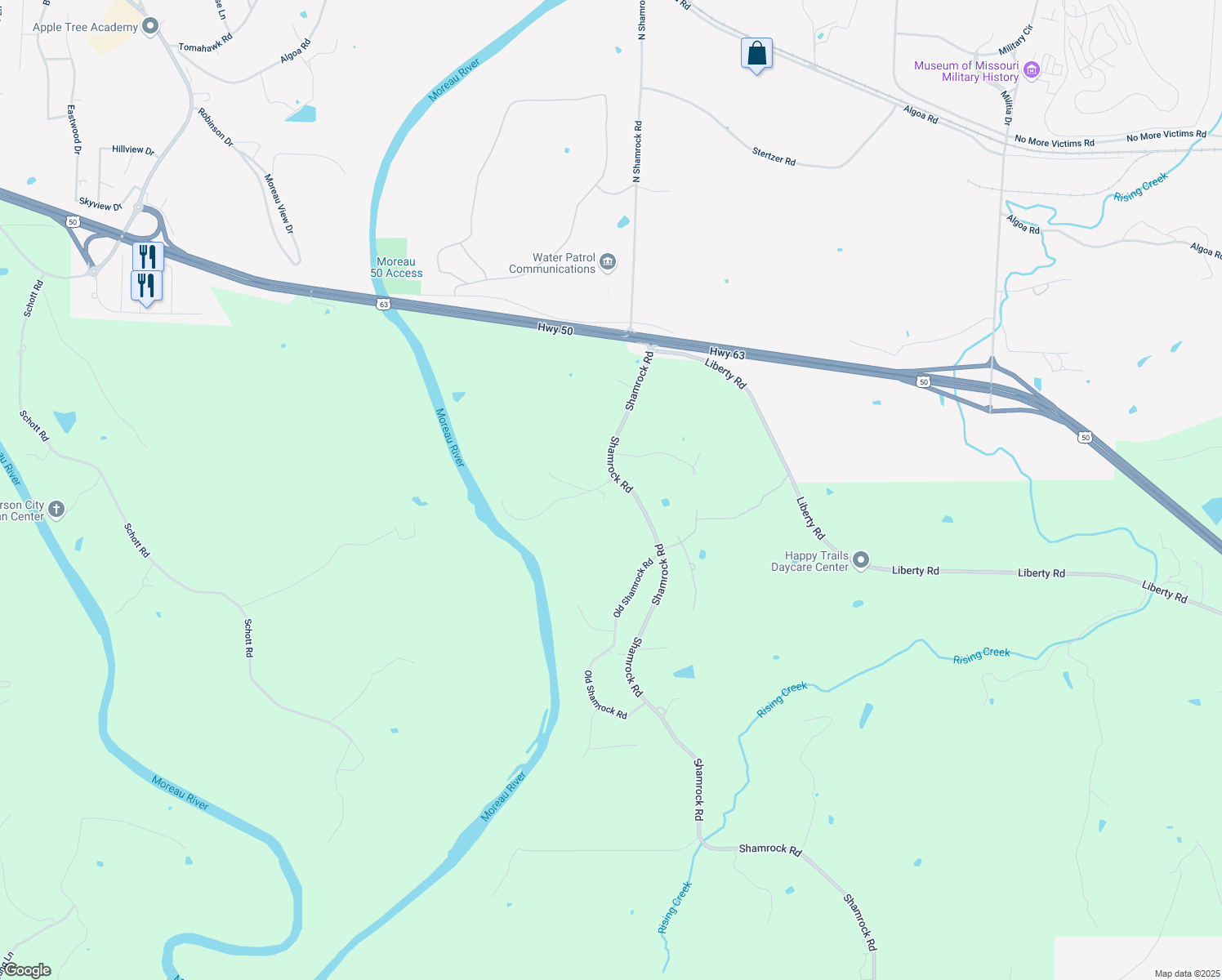map of restaurants, bars, coffee shops, grocery stores, and more near 5910 Gove's Lane in Jefferson City