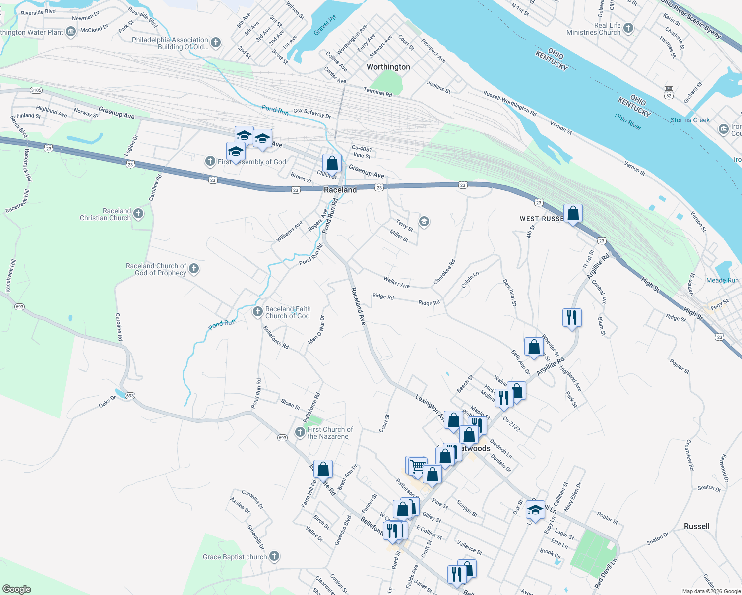map of restaurants, bars, coffee shops, grocery stores, and more near 299 Ridge Rd in Raceland