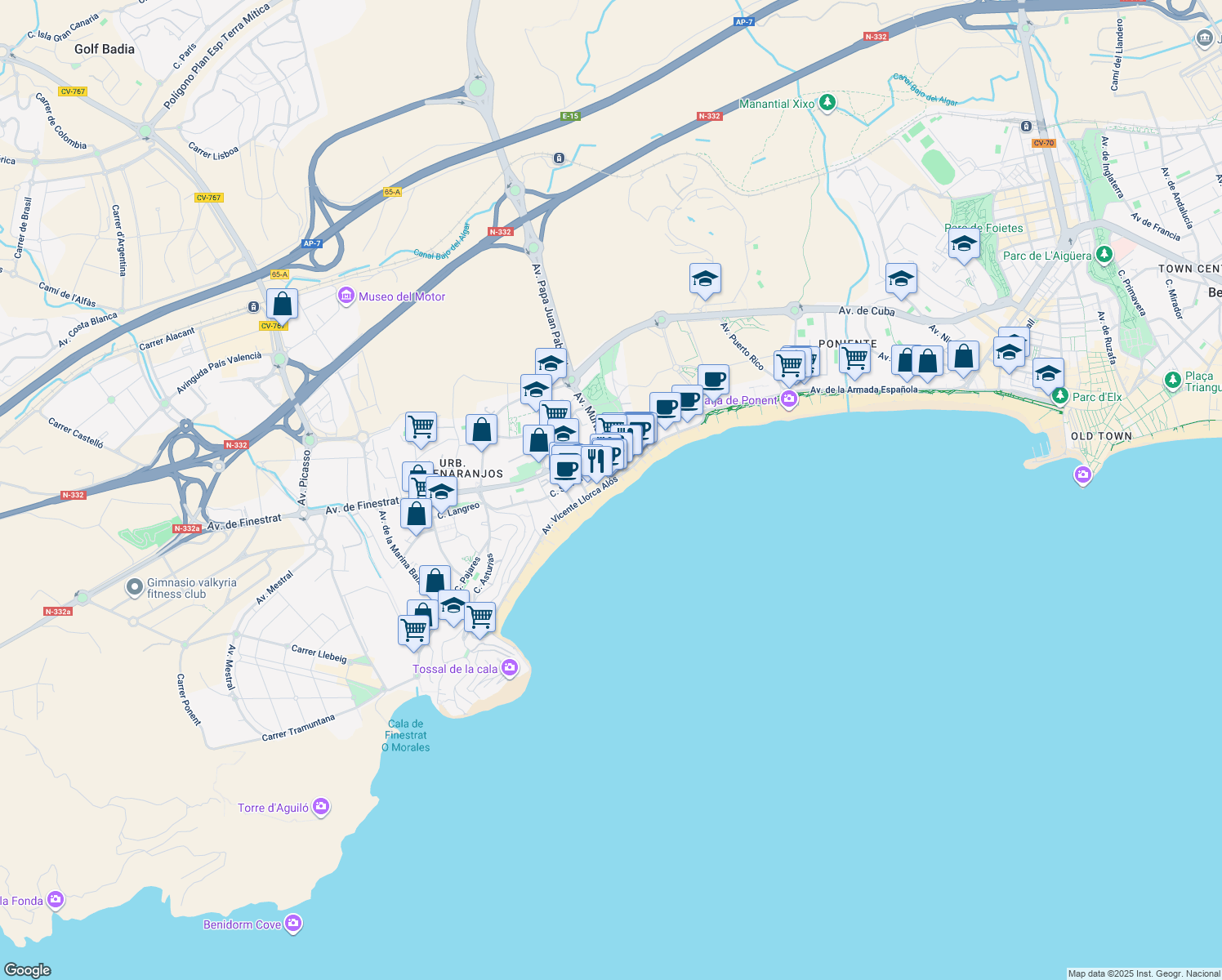 map of restaurants, bars, coffee shops, grocery stores, and more near 14 Avenida Vicente Llorca Alós in Benidorm