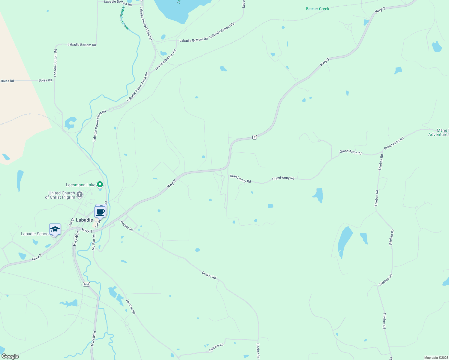 map of restaurants, bars, coffee shops, grocery stores, and more near 2266 Highway T in Labadie