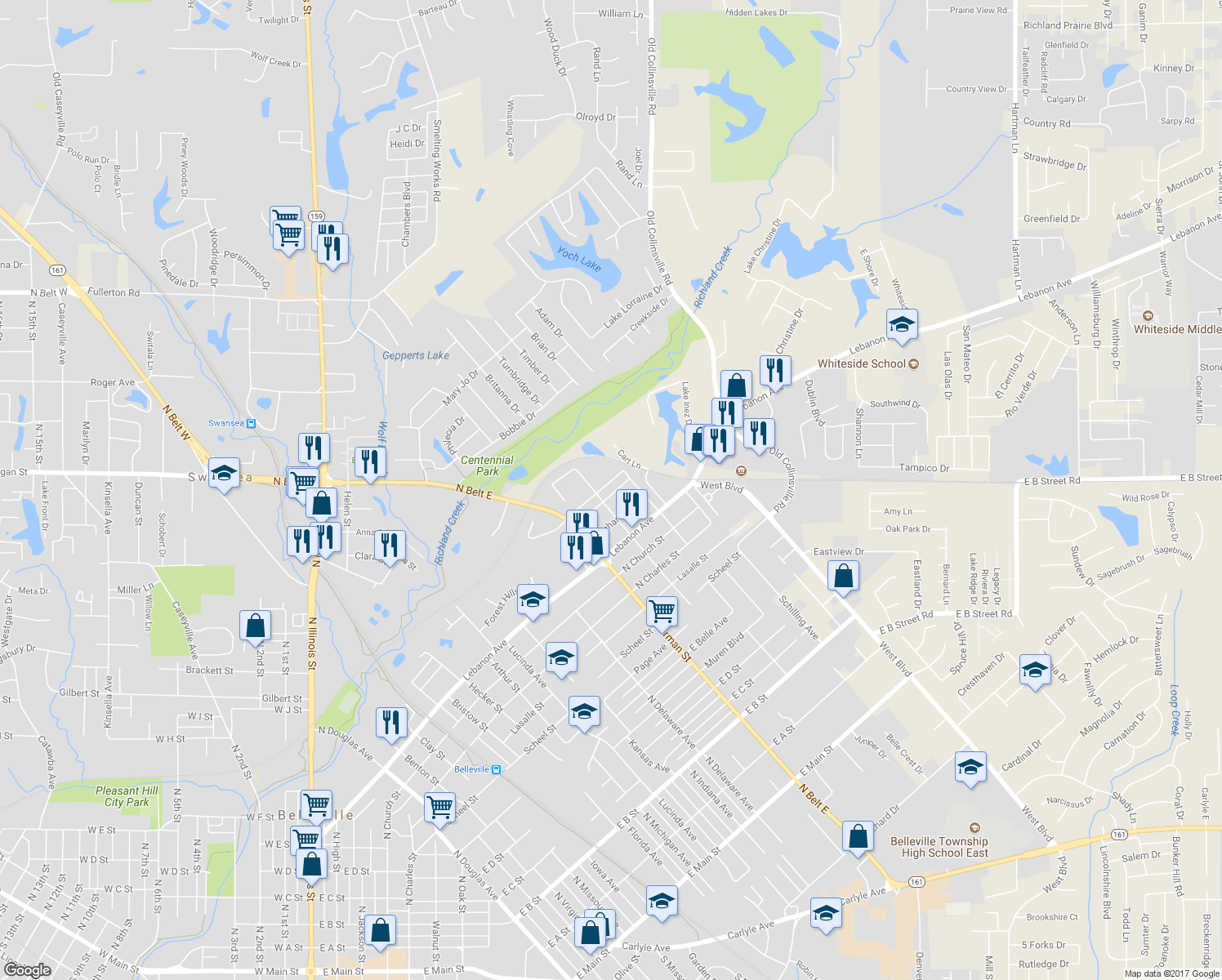 map of restaurants, bars, coffee shops, grocery stores, and more near 1411 Commercial Street in Belleville