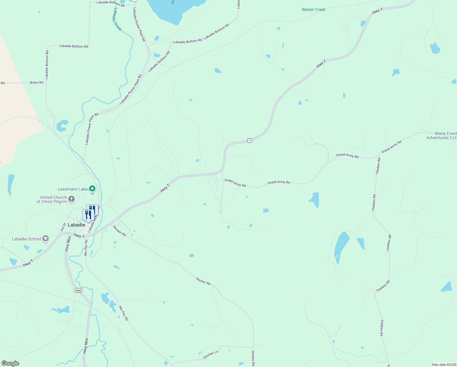 map of restaurants, bars, coffee shops, grocery stores, and more near 2266 Highway T in Labadie