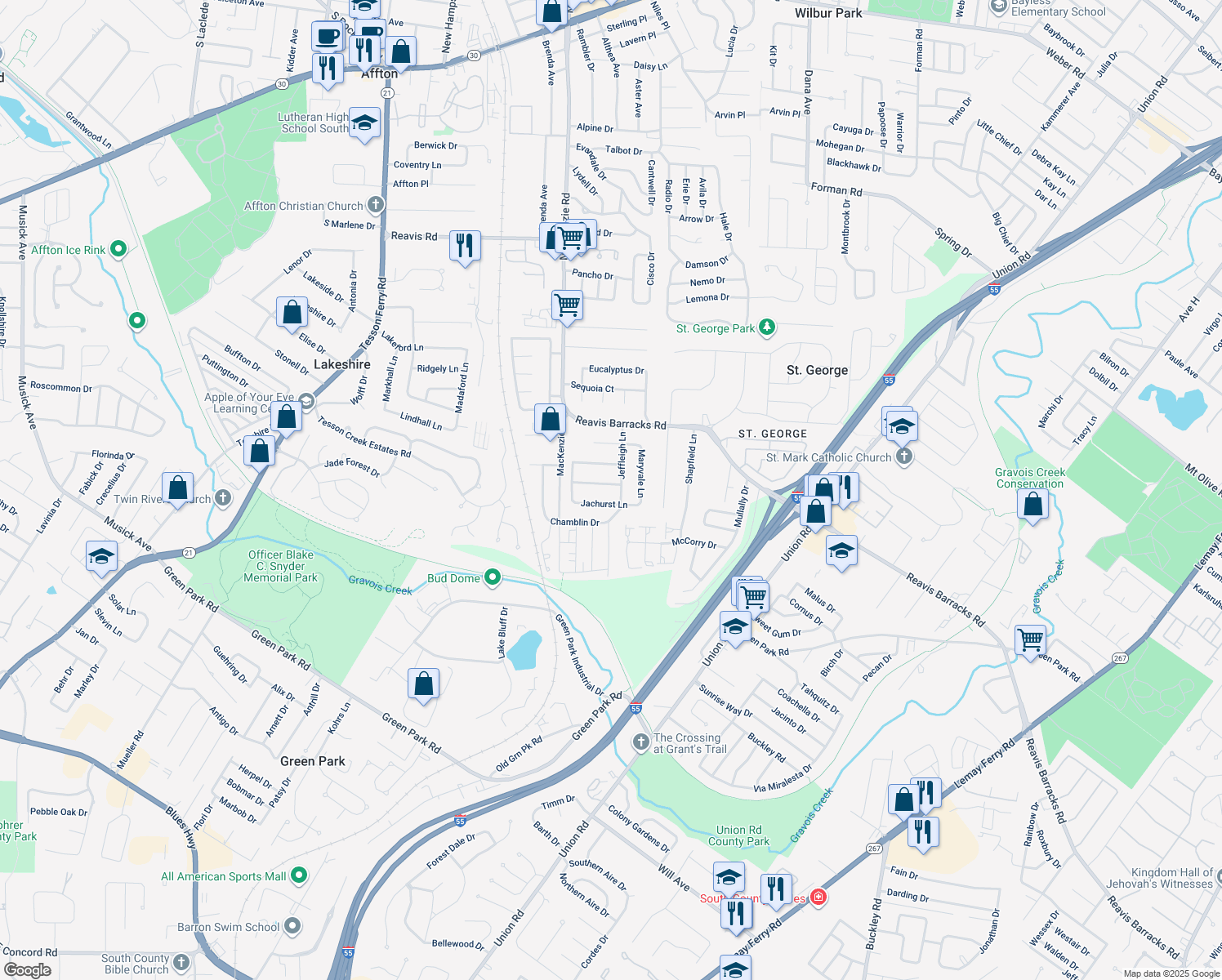 map of restaurants, bars, coffee shops, grocery stores, and more near 9508 Sontag Lane in Affton