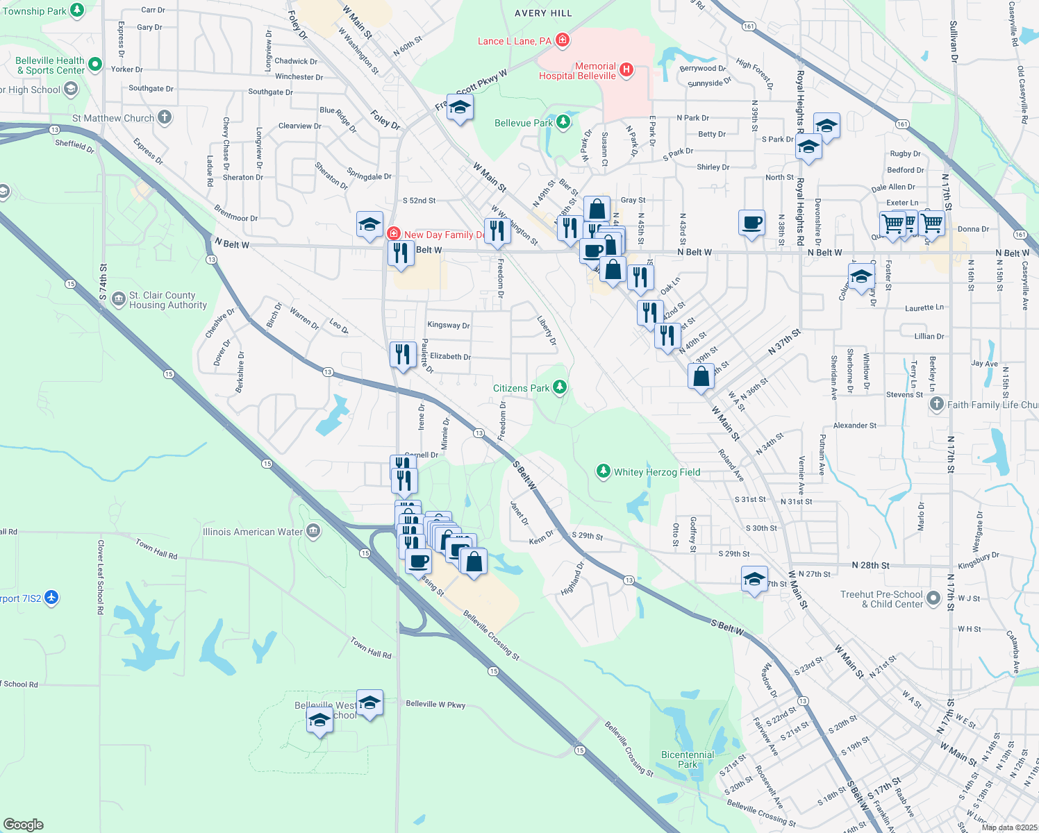 map of restaurants, bars, coffee shops, grocery stores, and more near 11 Harmony Dr in Belleville