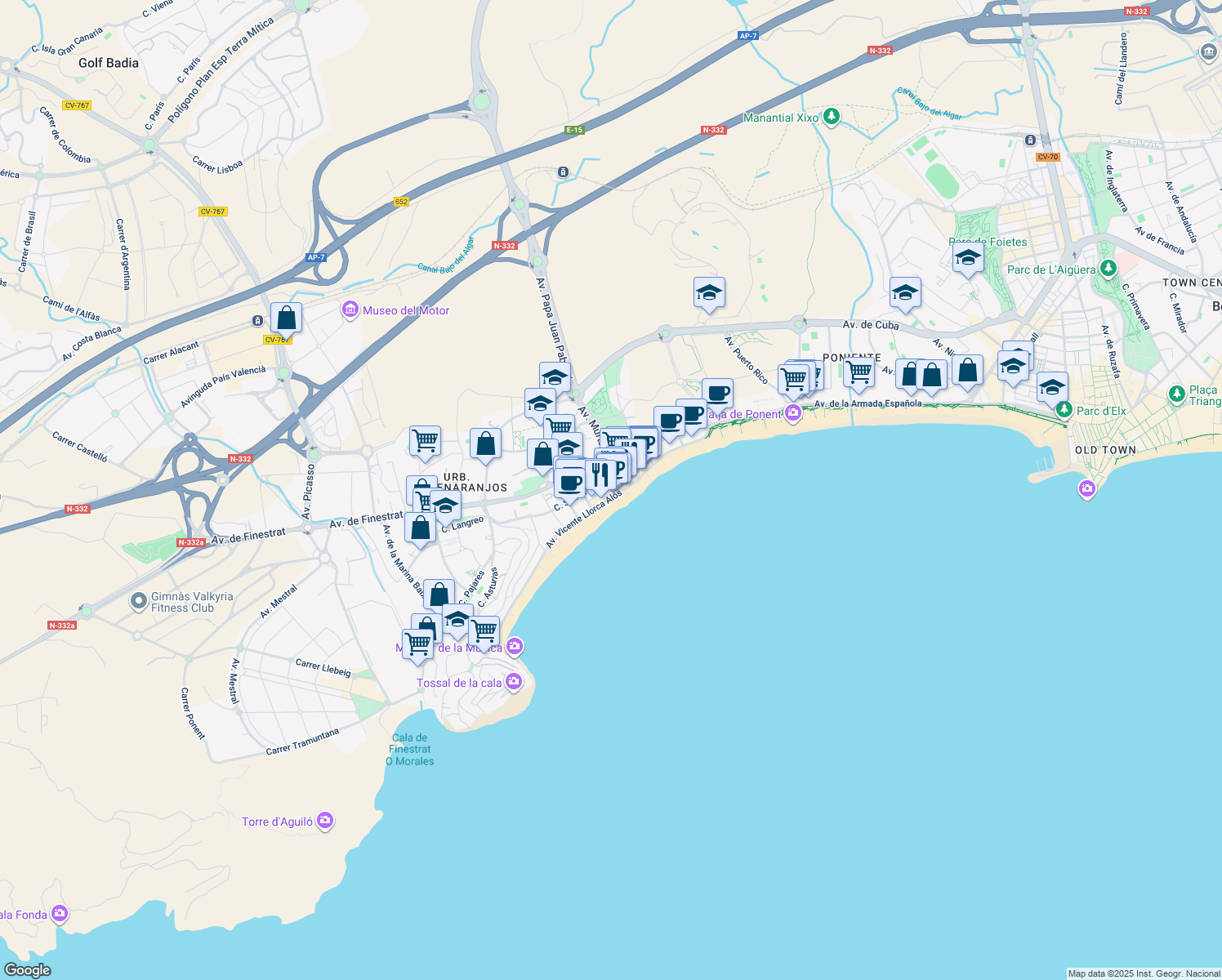 map of restaurants, bars, coffee shops, grocery stores, and more near 14 Avenida Vicente Llorca Alós in Benidorm