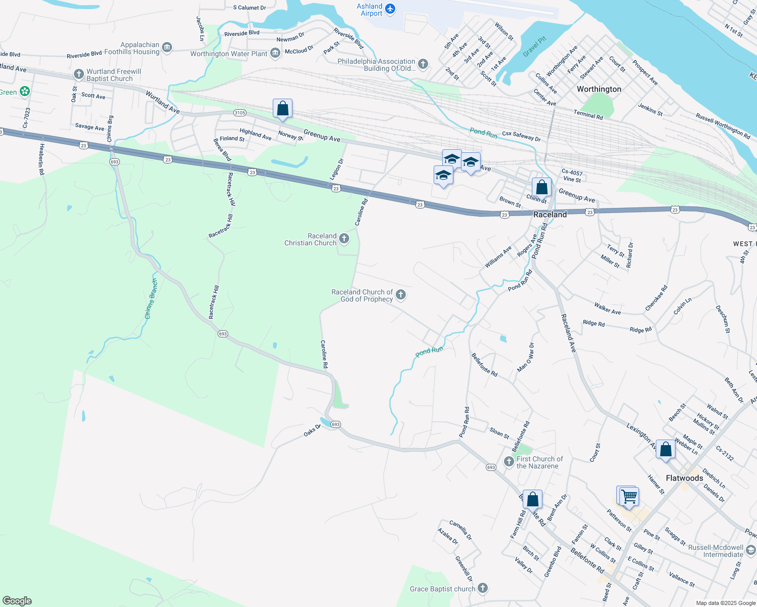map of restaurants, bars, coffee shops, grocery stores, and more near 112 Hillview Avenue in Raceland