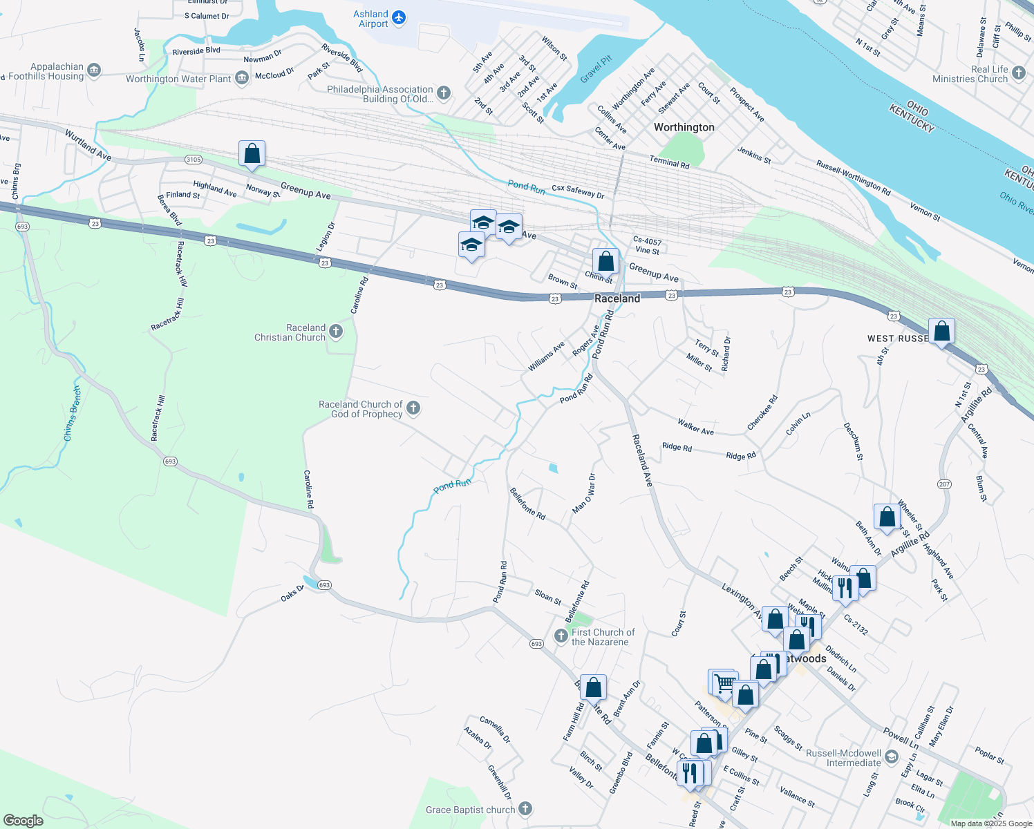 map of restaurants, bars, coffee shops, grocery stores, and more near 1276 Dillow Avenue in Raceland