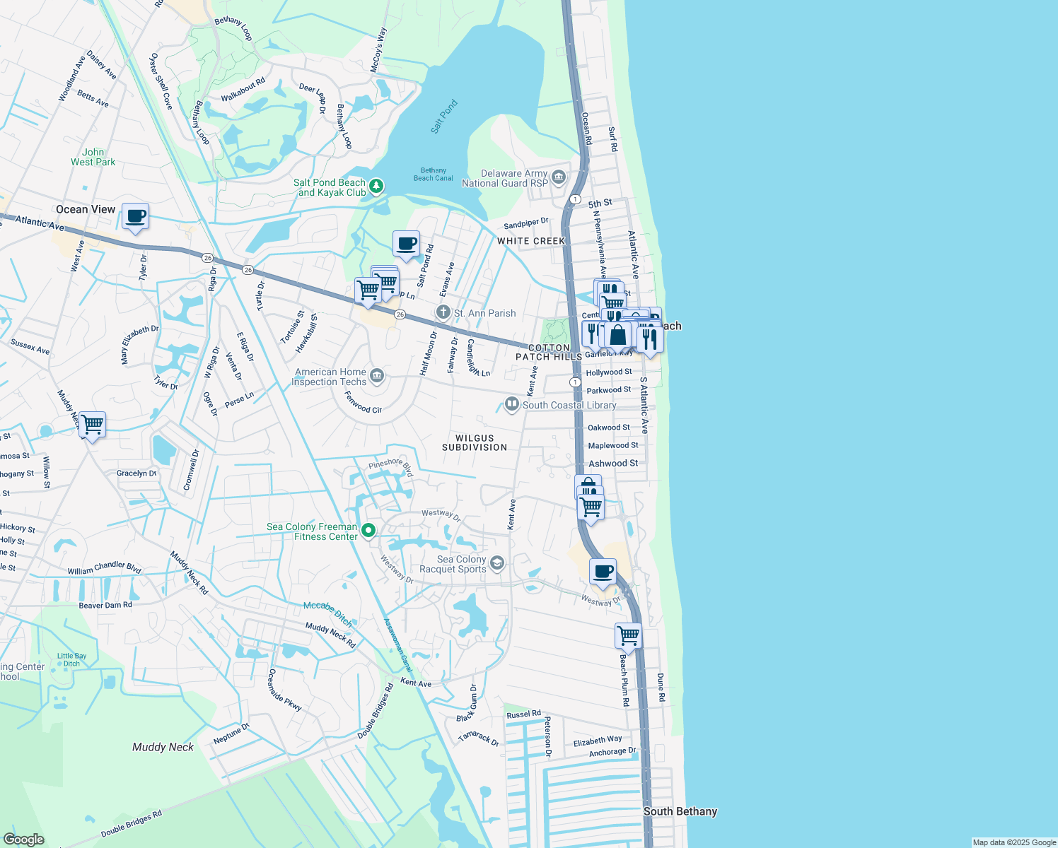 map of restaurants, bars, coffee shops, grocery stores, and more near 327 Oakwood Street in Bethany Beach