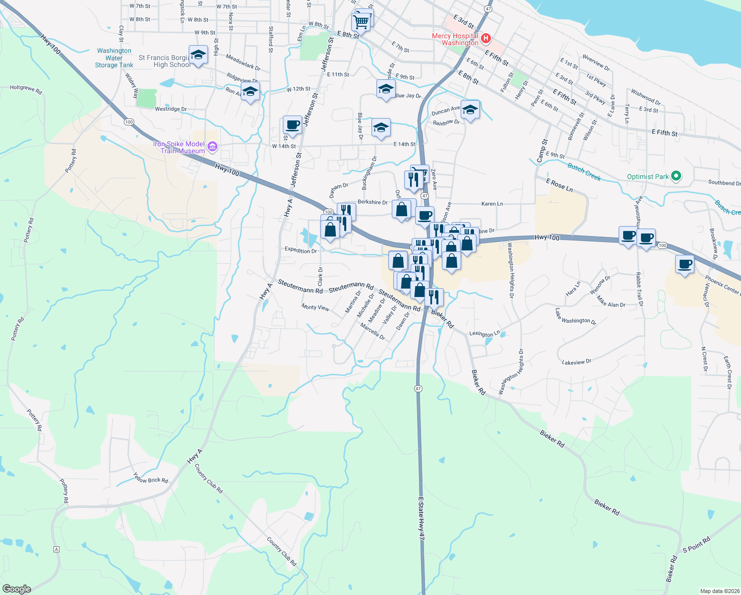 map of restaurants, bars, coffee shops, grocery stores, and more near 405 Michelle Drive in Washington
