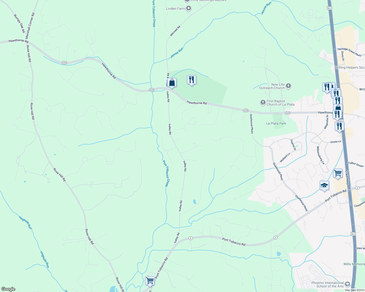 map of restaurants, bars, coffee shops, grocery stores, and more near 6450 Valley Road in La Plata